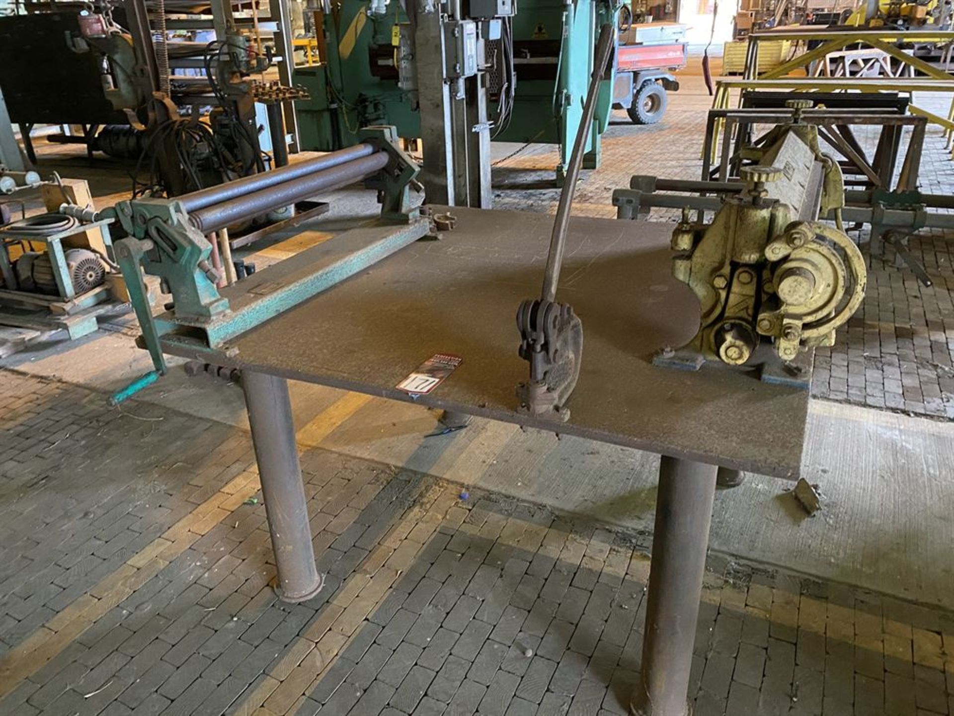 Steel Table w/ TENNSMITH SR36 36" x 22 ga. Roller and NIAGARA 3' Brake (Location: Machine Shop)