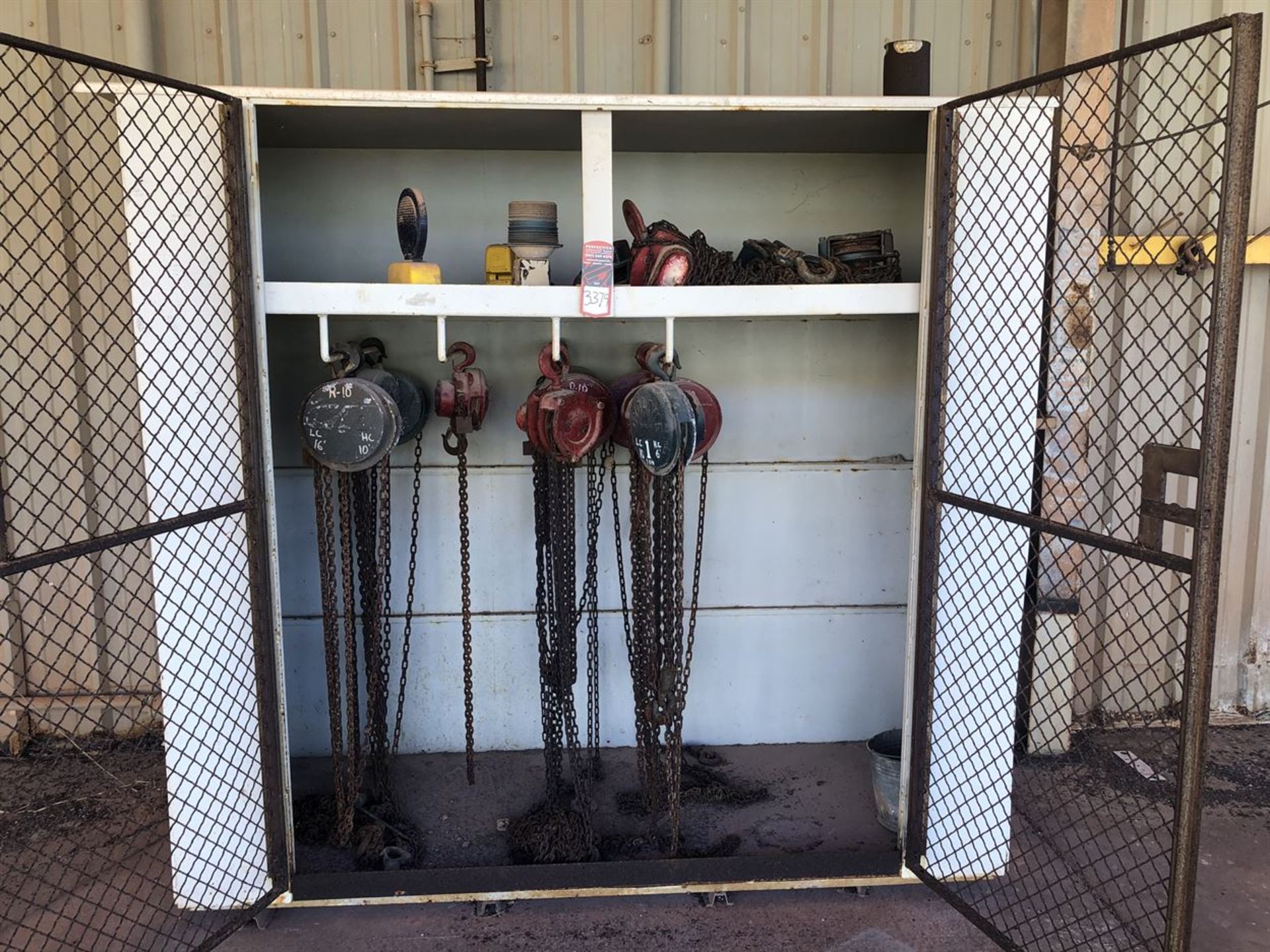 Heavy Duty Hoist Storage Cabinet, w/ Assorted Chainfalls (Location: Outside Chemical Warehouse)