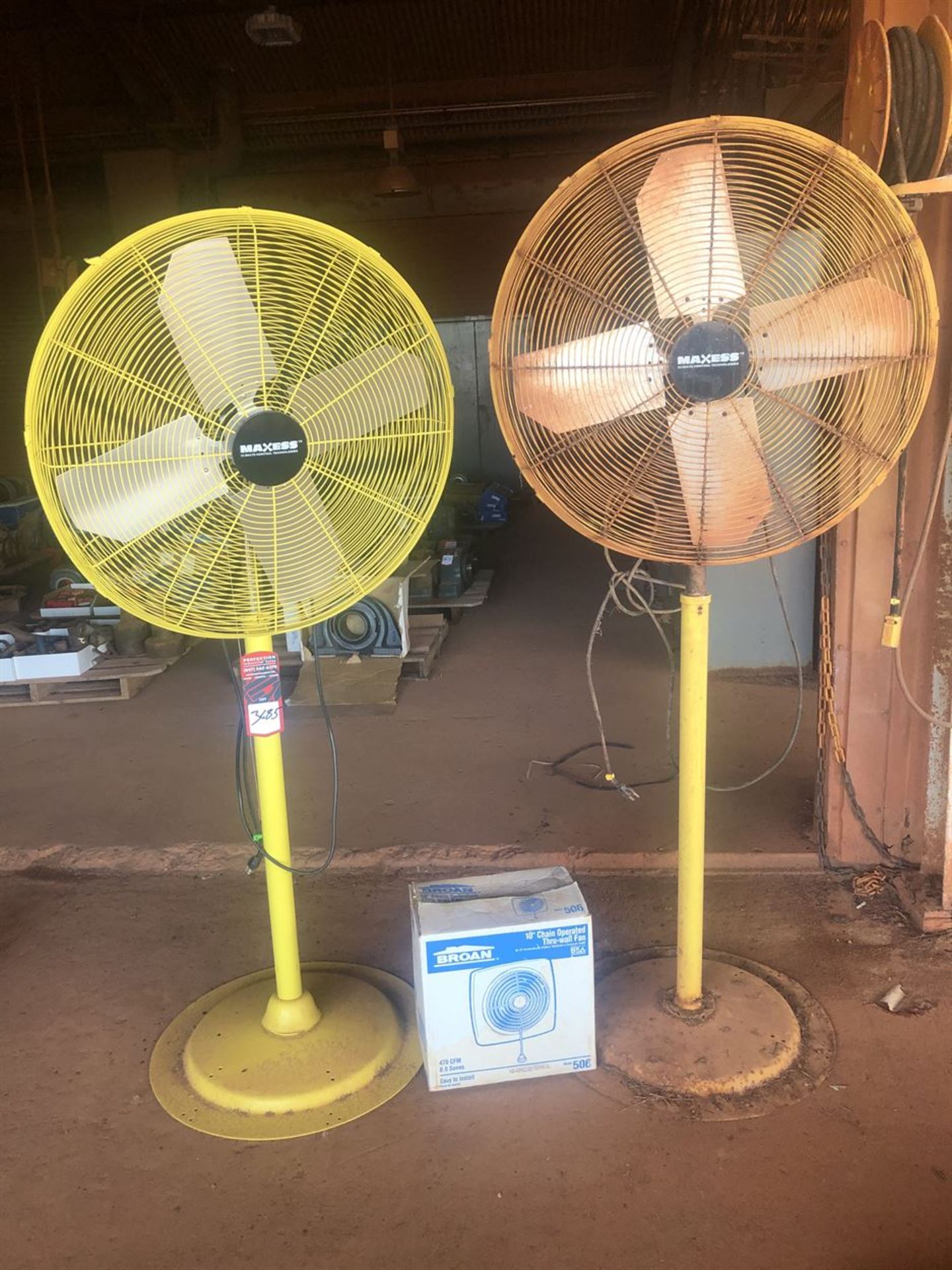 Lot Comprising of (2) MAXIS Pedestal Shop Fans, and (1) BROAN Thru-Wall Fan (Location: Bearing