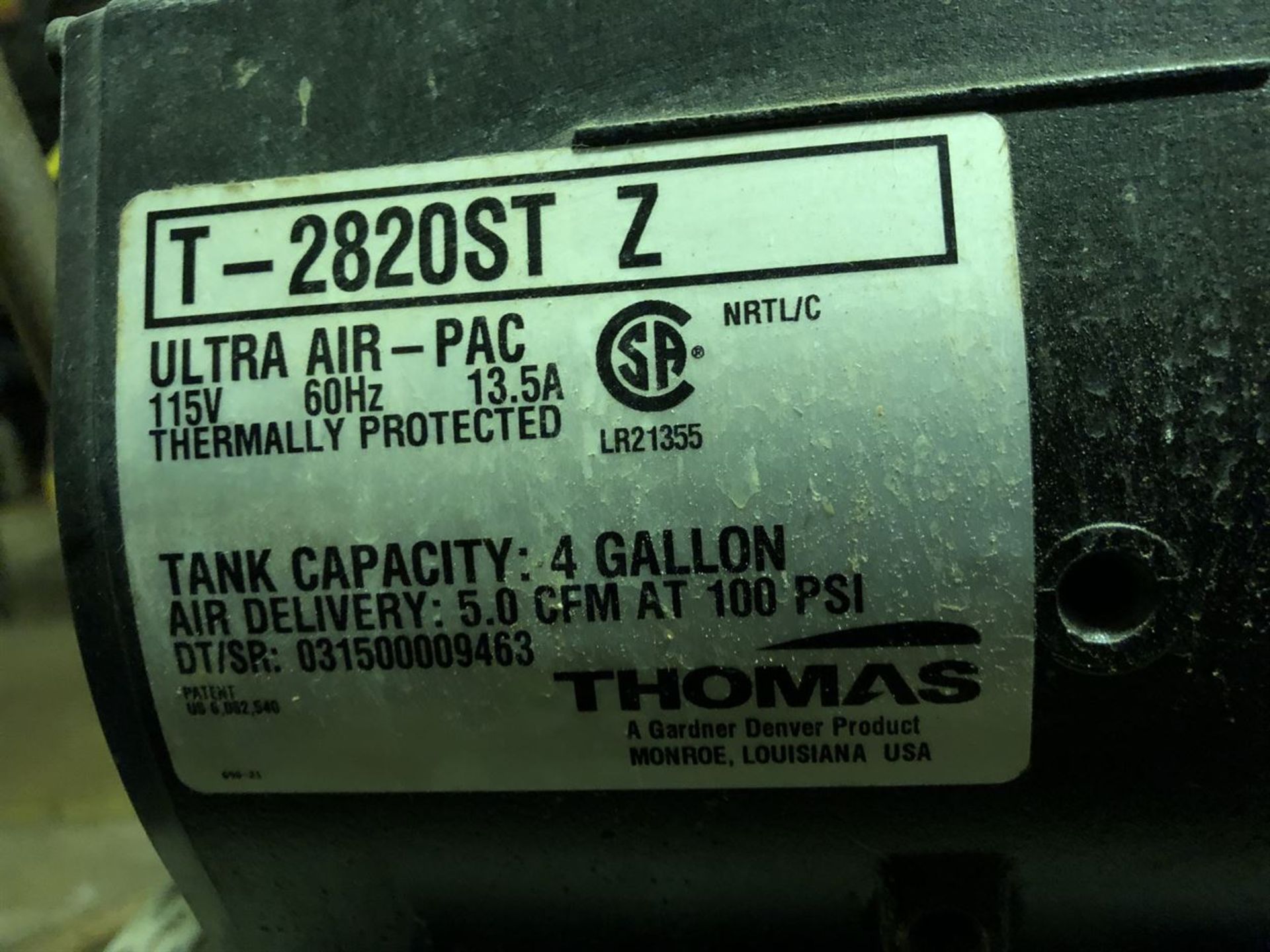 Lot Comprising of (2) THOMAS 4 Gallon Air Compressors, 100 PSI, Single Phase (Location: - Image 2 of 2