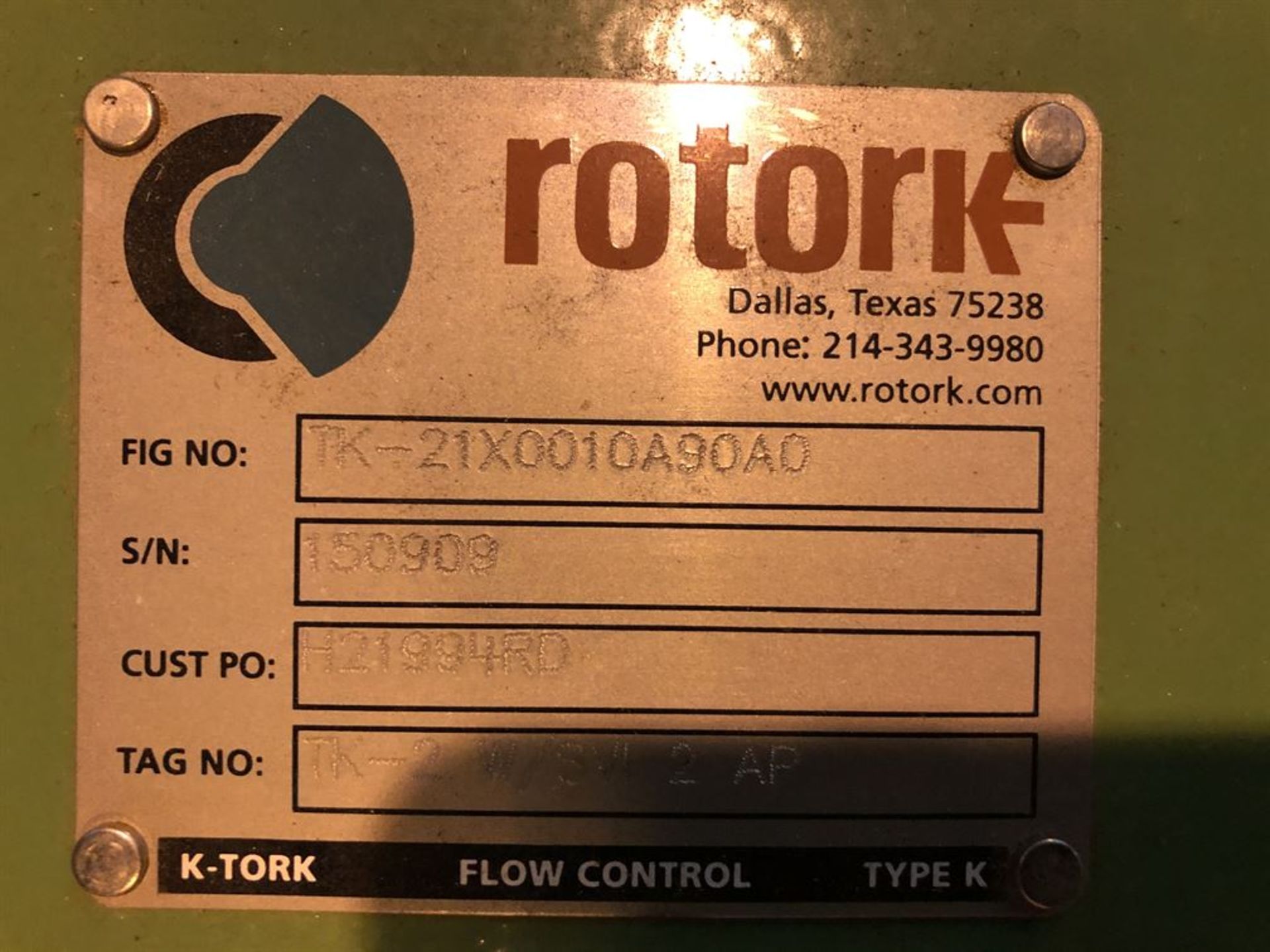 ROTORK TK-21X0010A90A0 Flow Controller, s/n150909 (Location: Power House) - Image 2 of 2