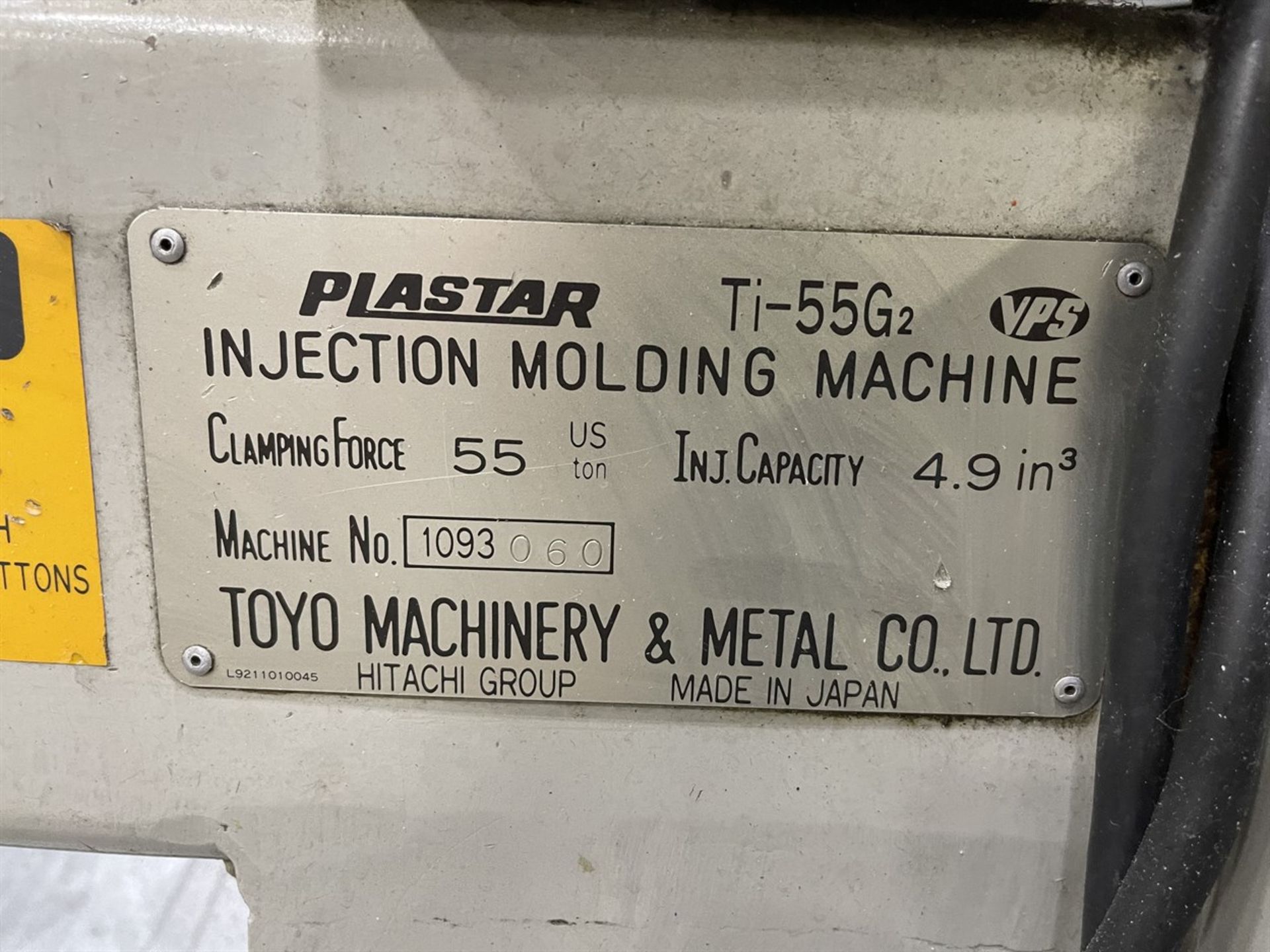 55 Ton TOYO PLASTAR TI-55G2 Hydraulic Injection Molder, s/n 1093060, w/ G2 Control, 2.7 oz. Shot - Image 9 of 9