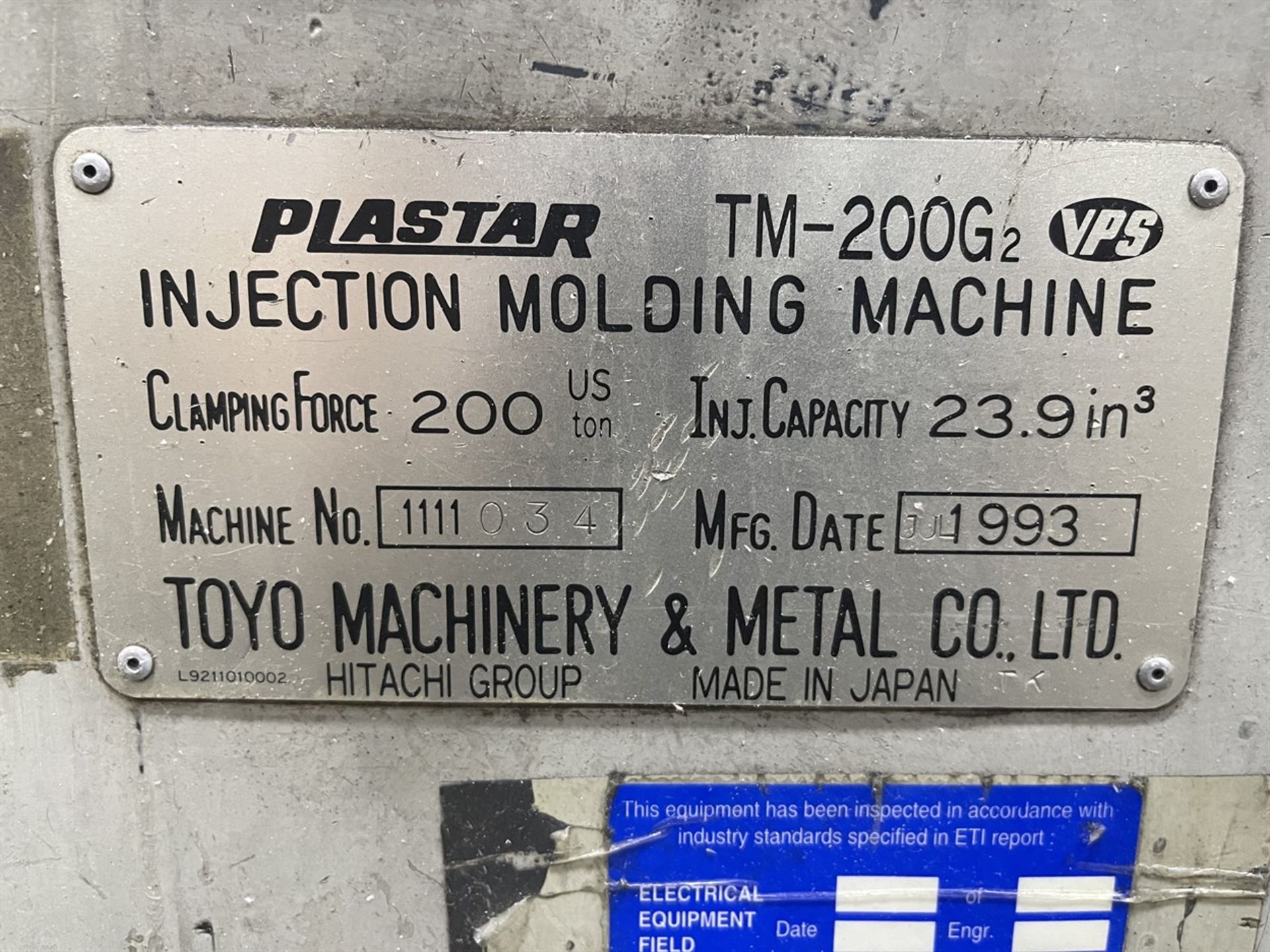 200 Ton TOYO PLASTAR TM-200G2 Hydraulic Injection Molder, s/n 1111034, w/ G2 Control, 13.1 oz. - Image 8 of 9