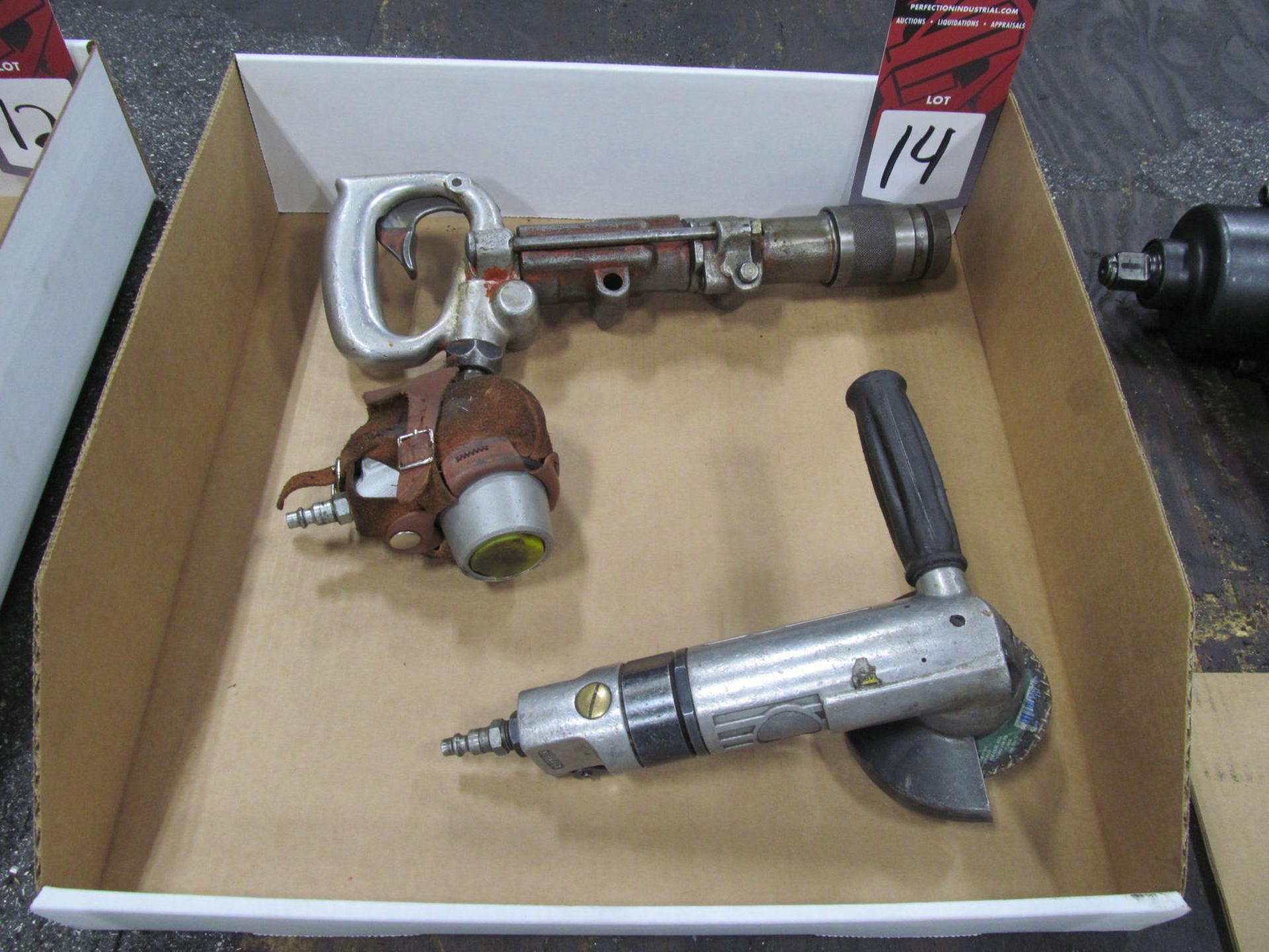 (3) Pneumatic Tools, (1) 4" Angle Grinder, (1) Chicago Pneumatic CP-9 Chipping Hammer, (1) Palm