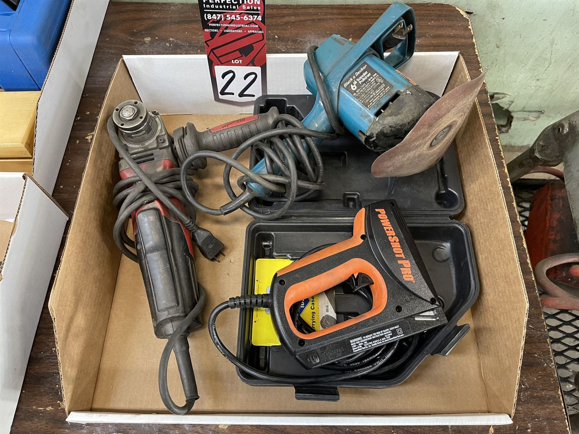 Lot Comprising MILWAUKEE 6117-31 Angle Grinder, BLACK & DECKER 9537 Polisher, and POWERSHOT PRO 9100