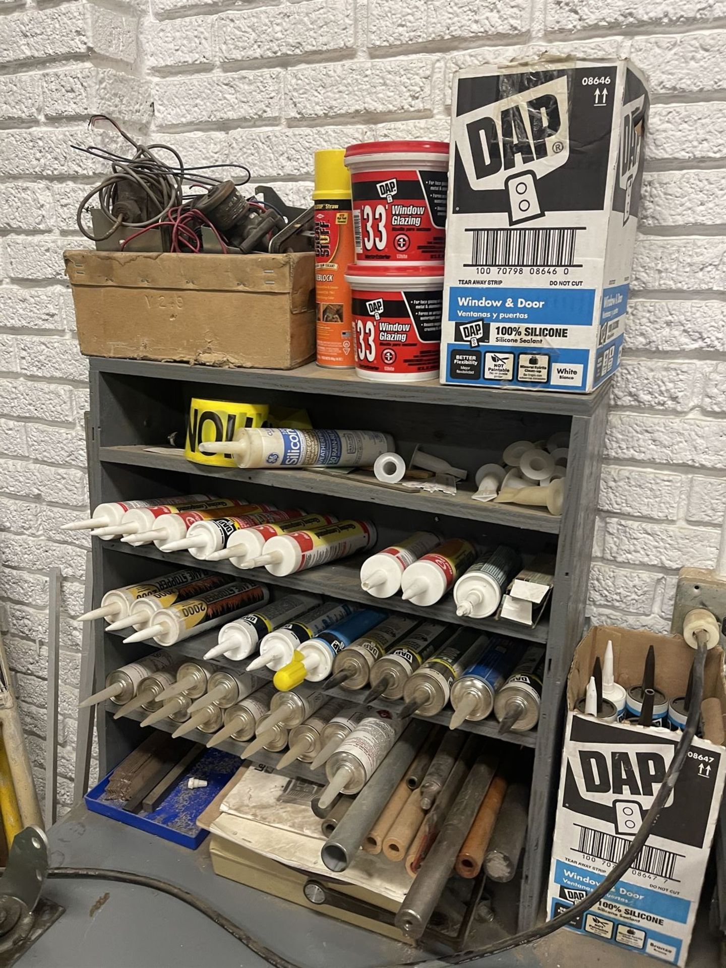 Bench and Shop Cabinet w/ caulk, electronics and Assorted tooling parts - Image 2 of 9