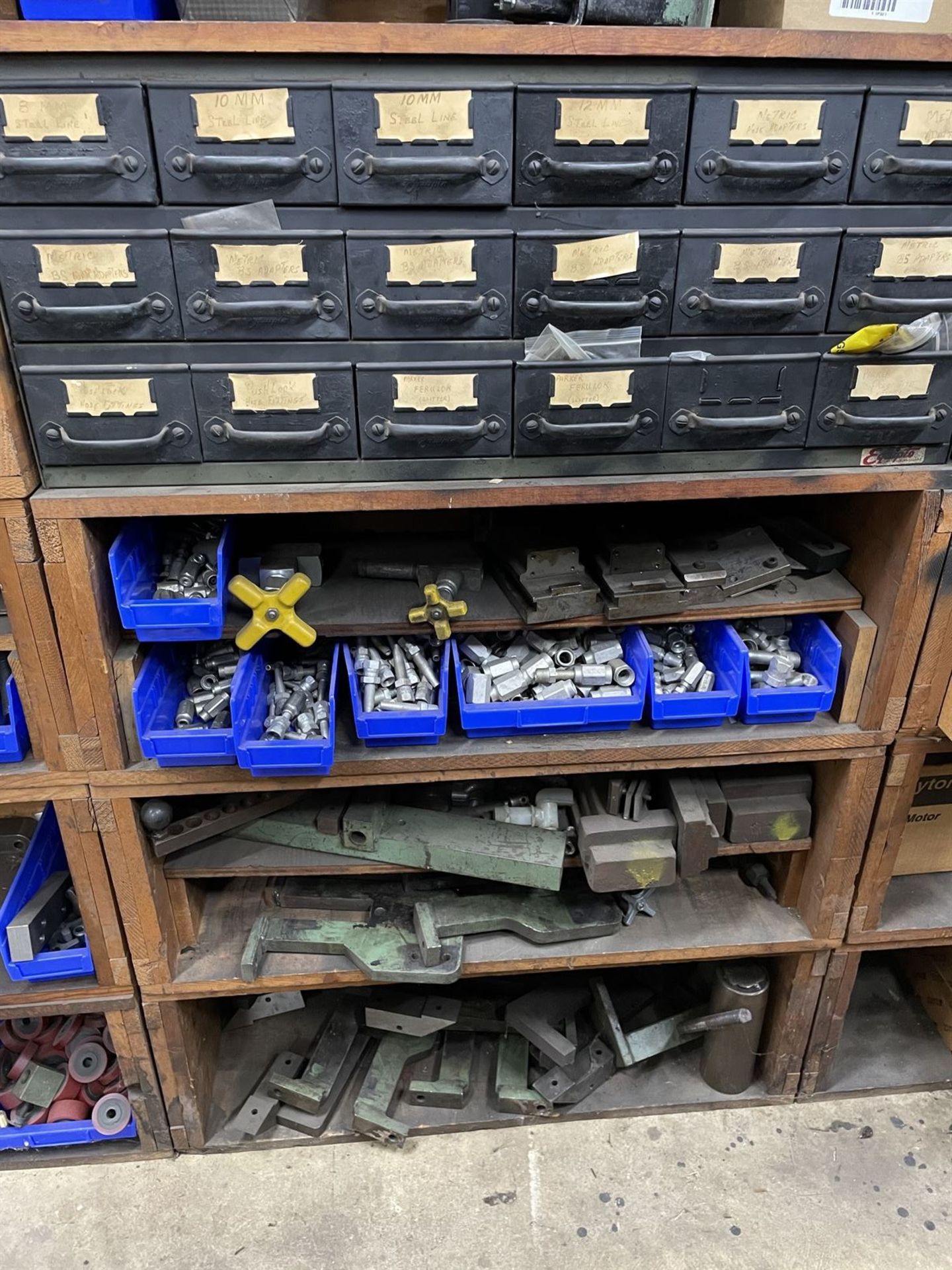 Lot of (4) Shelving Units w/ Assorted dust collector, splitter and miller parts - Image 4 of 30