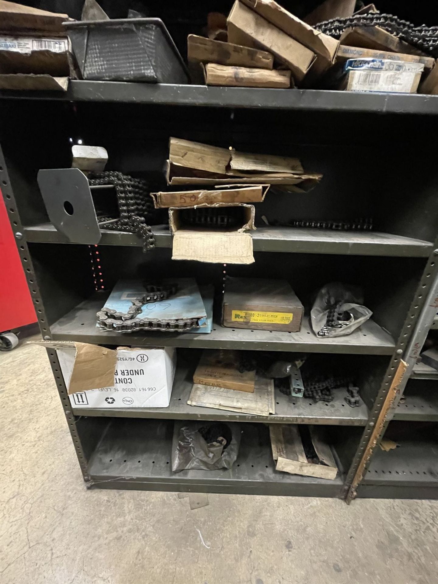 Lot of (2) Shelving Units w/ Assorted roller chains - Image 3 of 5