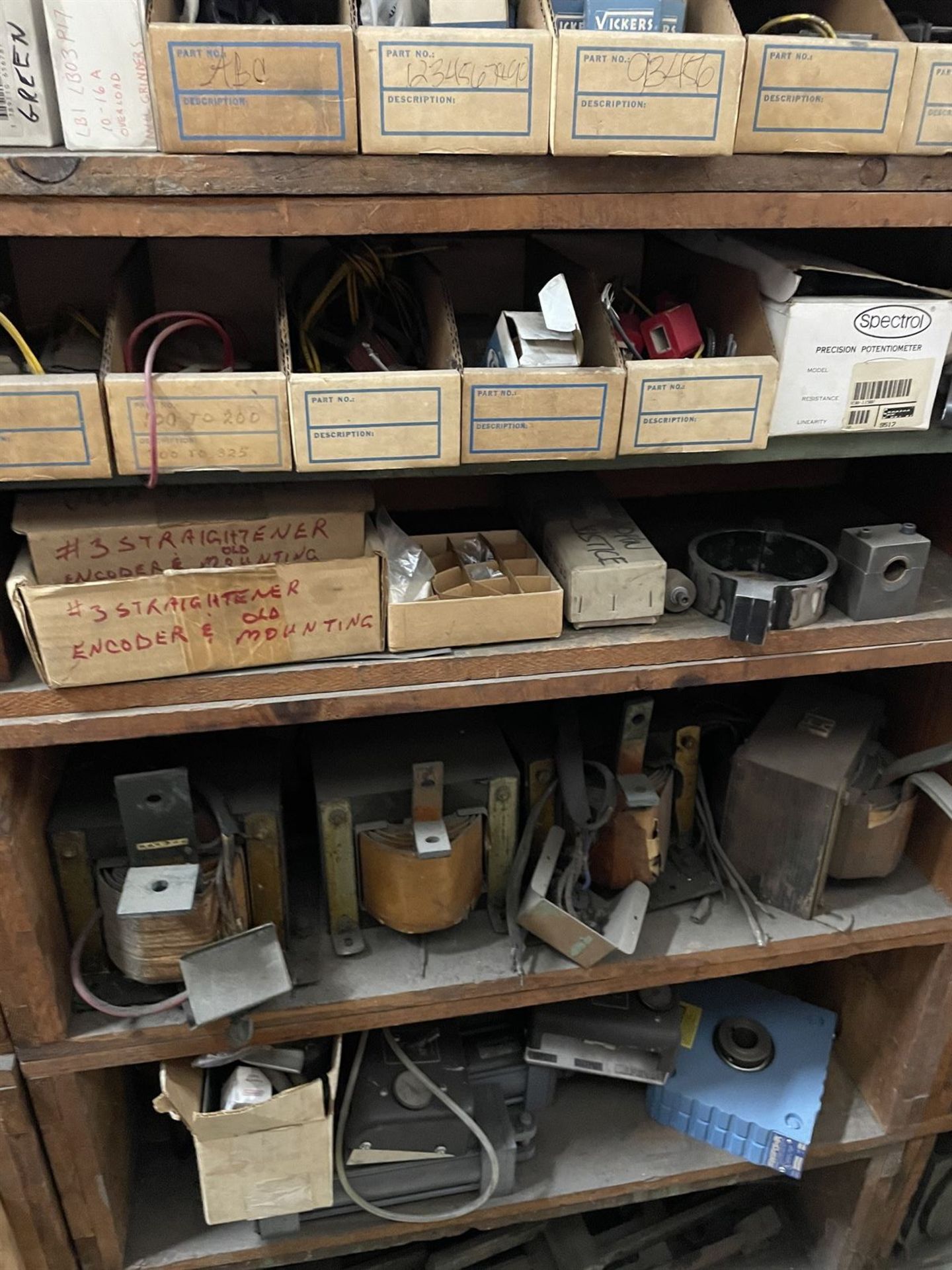 Lot of (4) Shelving Units w/ Assorted dust collector, splitter and miller parts - Image 28 of 30