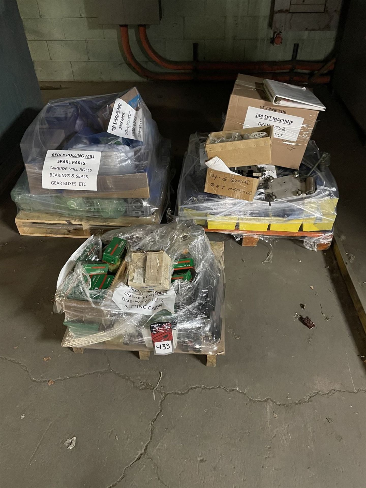 Lot of (3) Pallet of Set Machines and Roller Mills spare parts