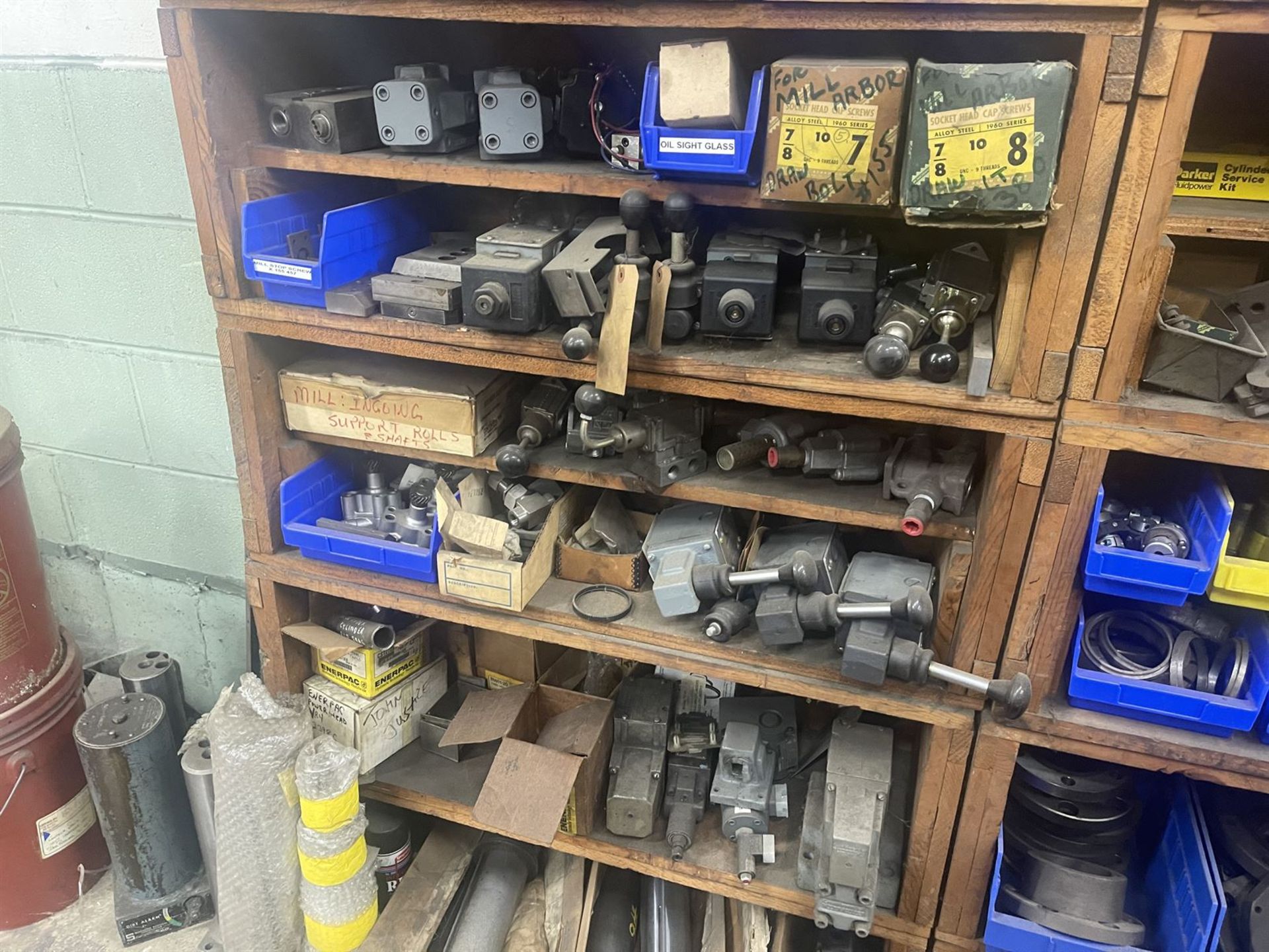 Lot of (4) Shelving Units w/ Assorted mill parts and equipment - Image 9 of 10