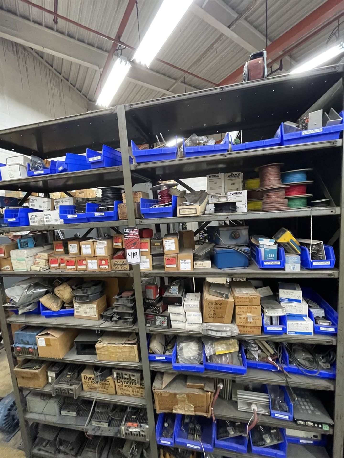 Lot of Shelving Units(2) w/ Assorted electronics (power supply's, relays, wire and sensors)