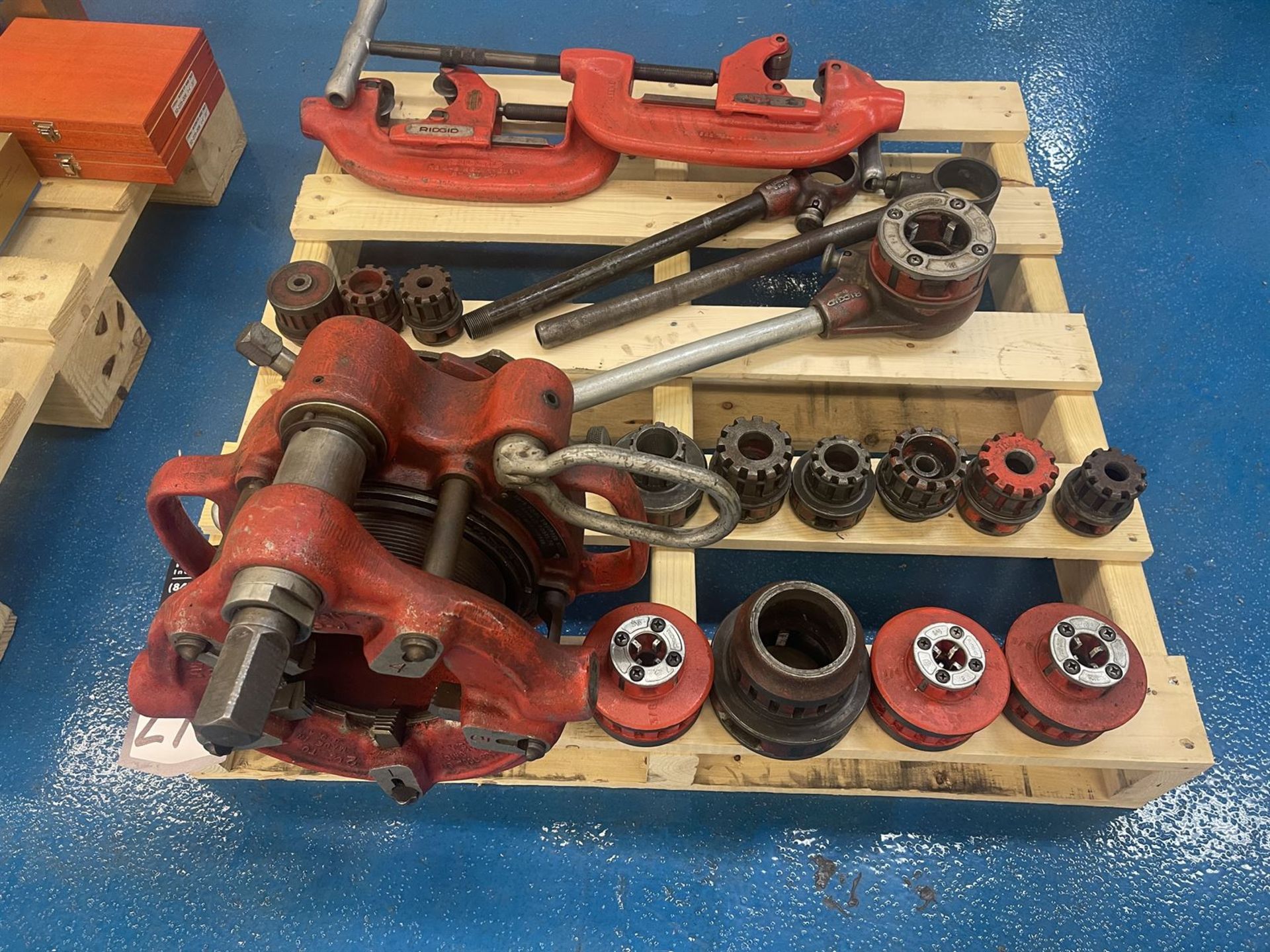 Lot Comprising RIDGID Threading Head, Assorted Dies, and Pipe Cutters