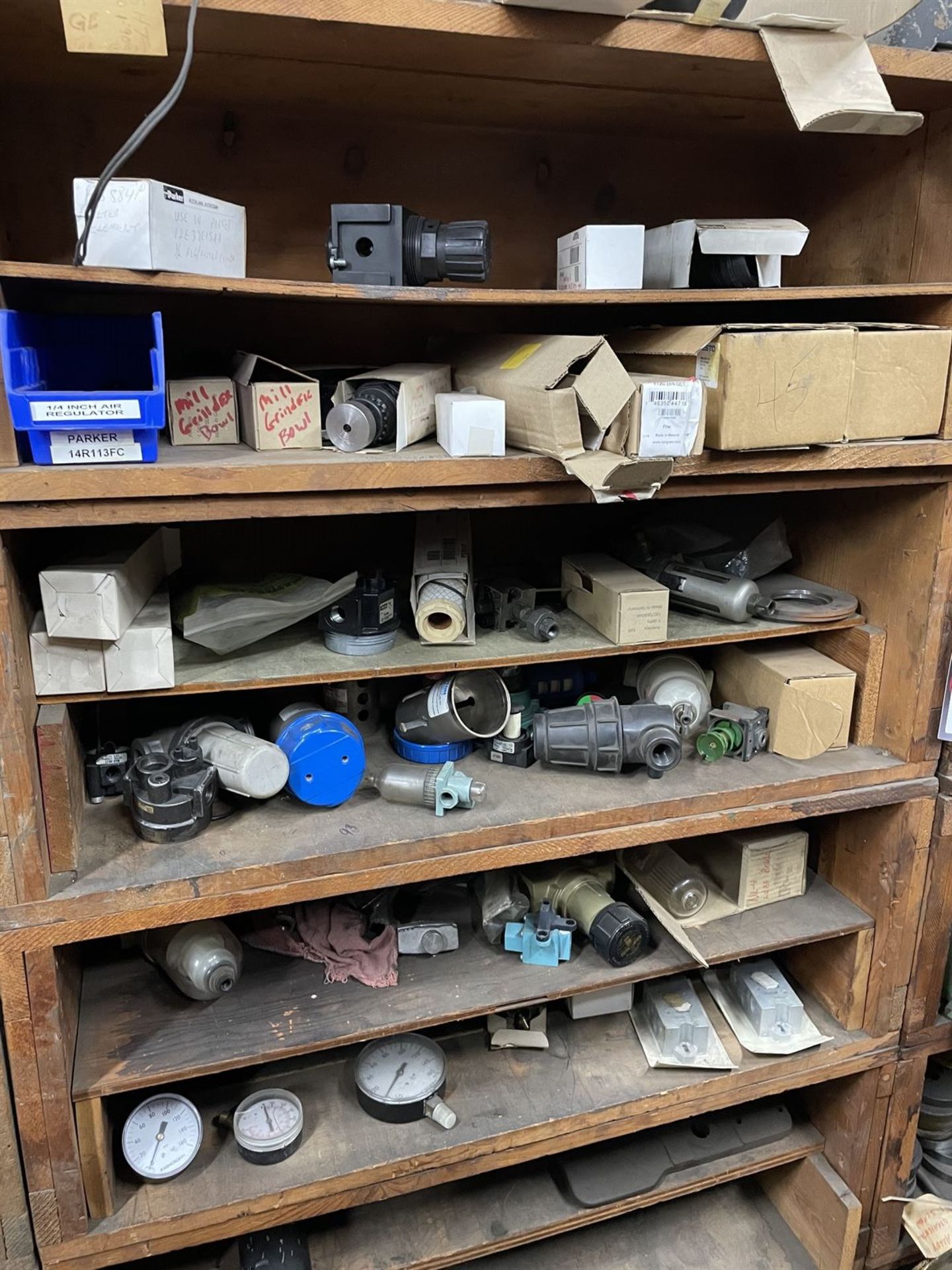 Lot of (4) Shelving Units w/ Assorted dust collector, splitter and miller parts - Image 11 of 30