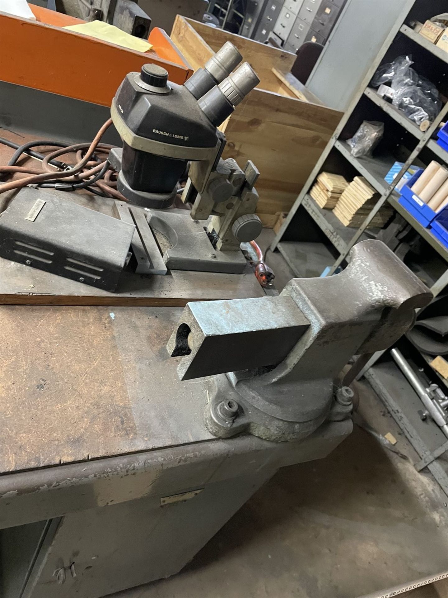 workbench w/ microscope, hardness tester and bench Vise