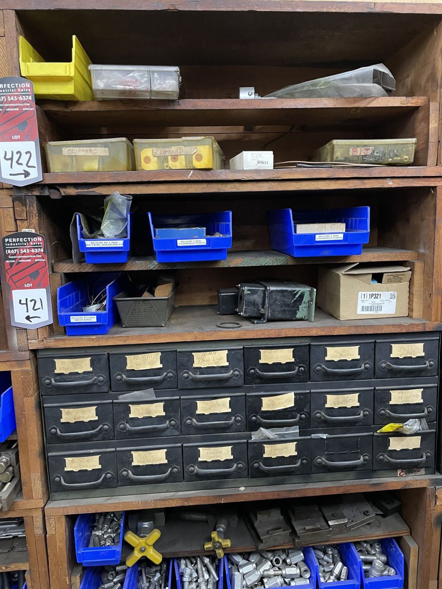 Lot of (4) Shelving Units w/ Assorted dust collector, splitter and miller parts - Image 3 of 30