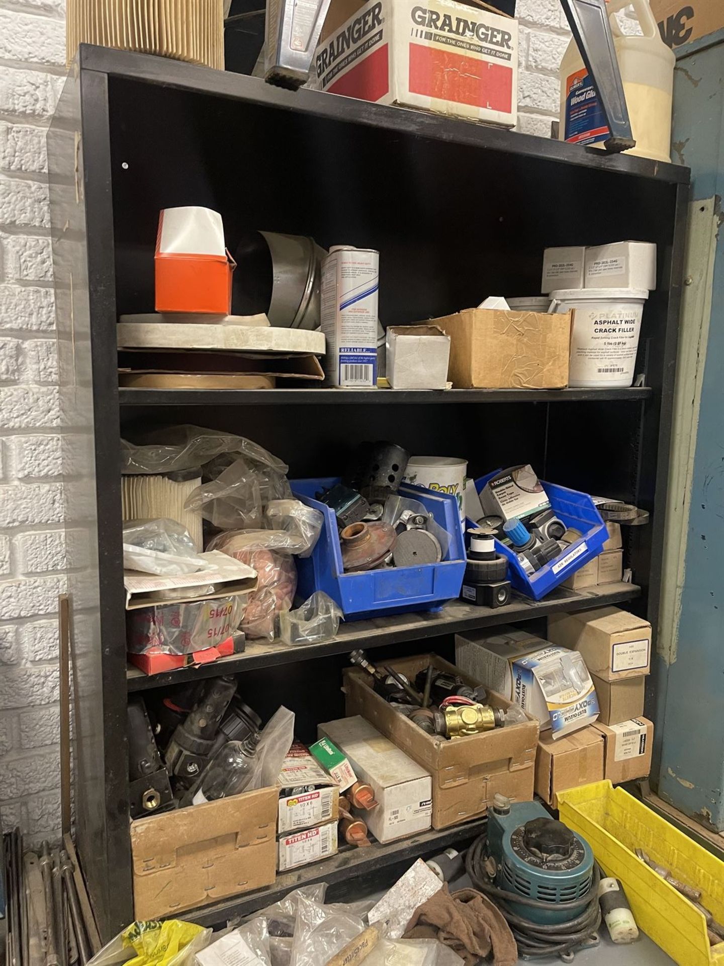 Bench and Shop Cabinet w/ caulk, electronics and Assorted tooling parts - Image 4 of 9