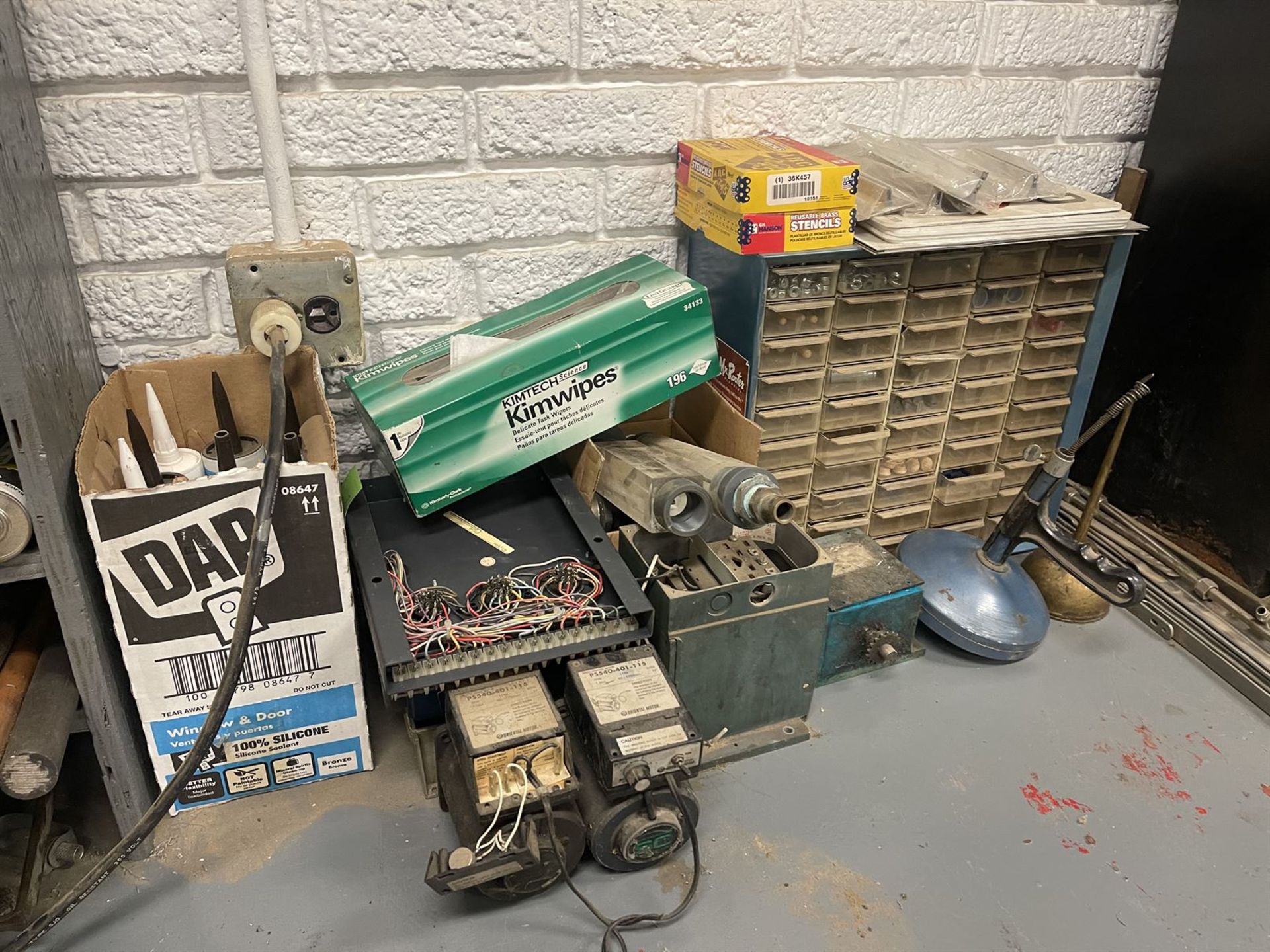 Bench and Shop Cabinet w/ caulk, electronics and Assorted tooling parts - Image 3 of 9