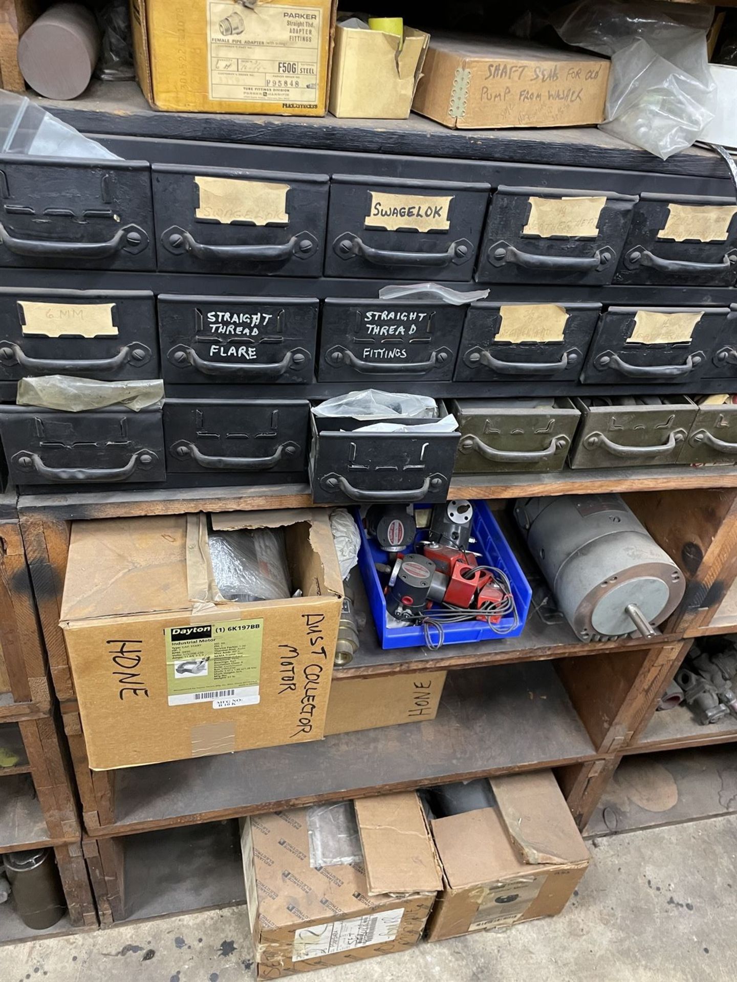 Lot of (4) Shelving Units w/ Assorted dust collector, splitter and miller parts - Image 6 of 30