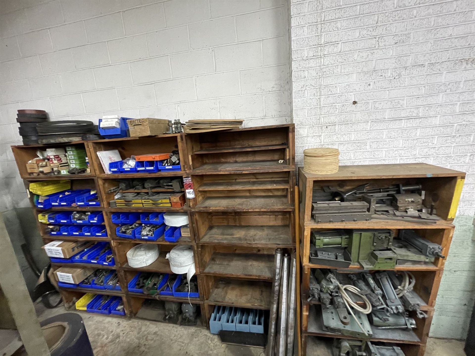 Lot of (3) Shelving Units w/ Assorted parts for Uncoiler and rollers
