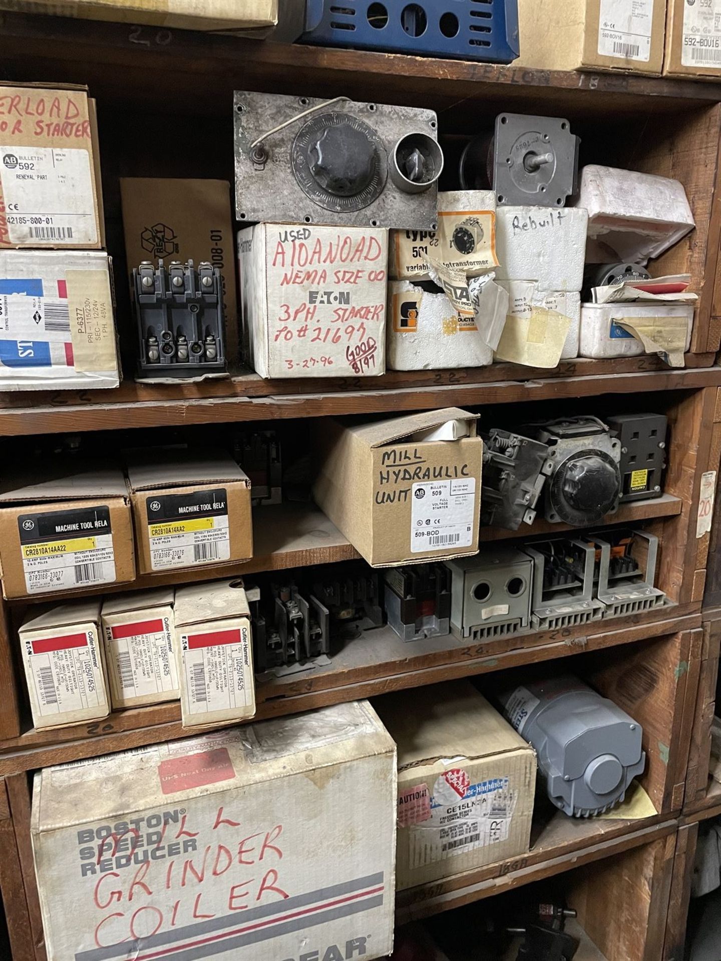 Lot of (4) Shelving Units w/ Assorted dust collector, splitter and miller parts - Image 18 of 30