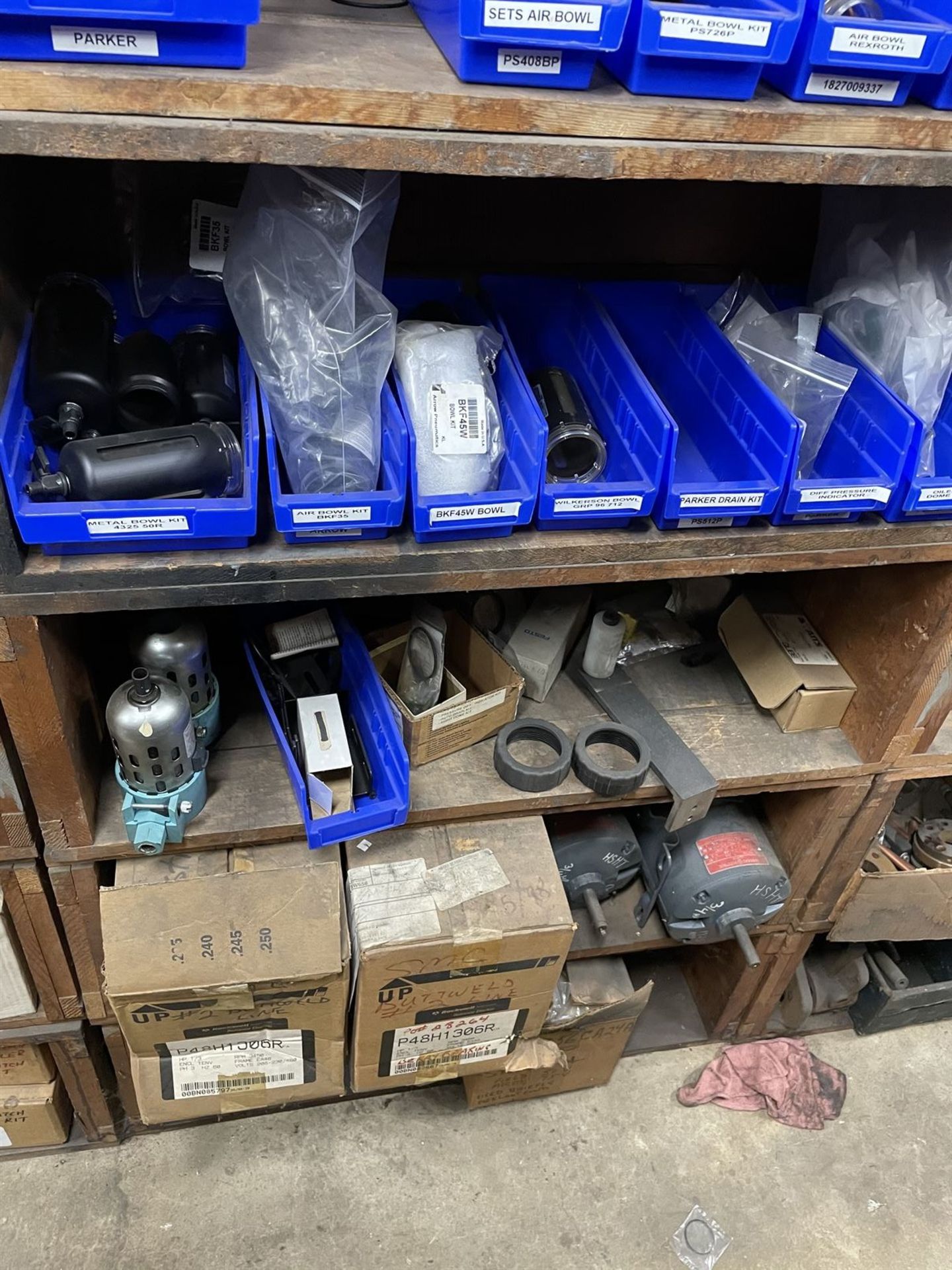 Lot of (4) Shelving Units w/ Assorted dust collector, splitter and miller parts - Image 10 of 30