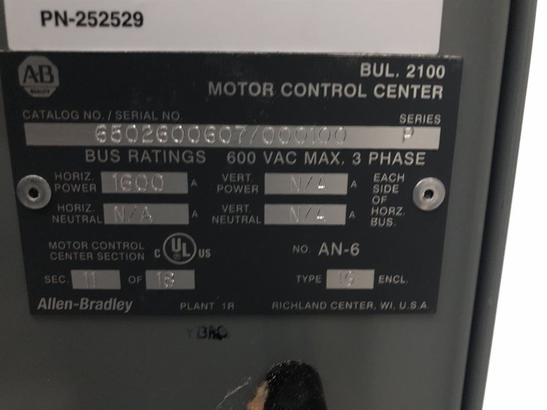 ALLEN BRADLEY 252529 BUL 2100 Motor Control Center, Section 11, s/n 6502600607/000100 (Location: - Bild 2 aus 2