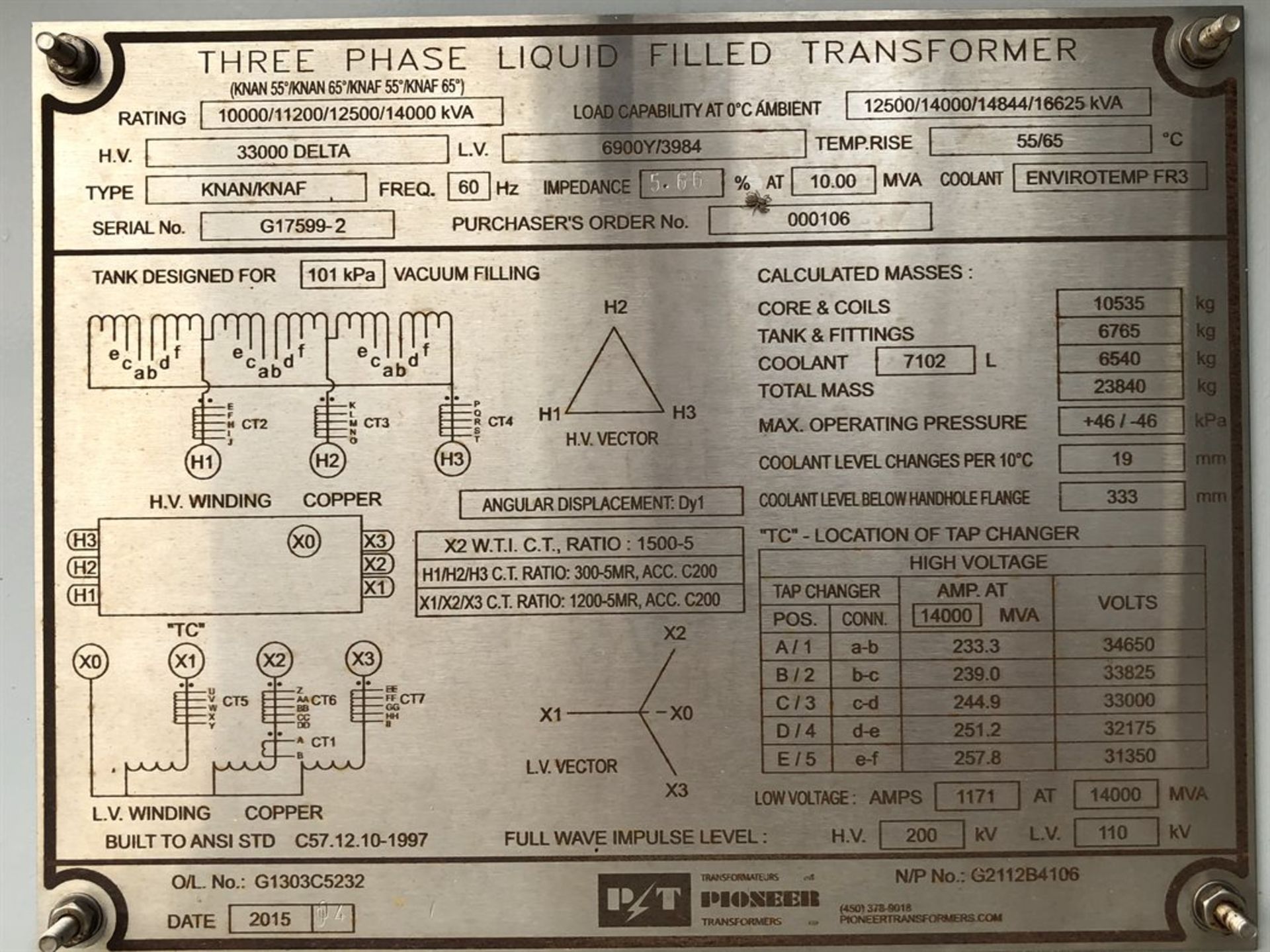 PIONEER KNAN/KNAF Three Phase Liquid Transformer, H.V. 33000 DELTA, L.V. 6900Y/6984 (Location: - Bild 3 aus 3