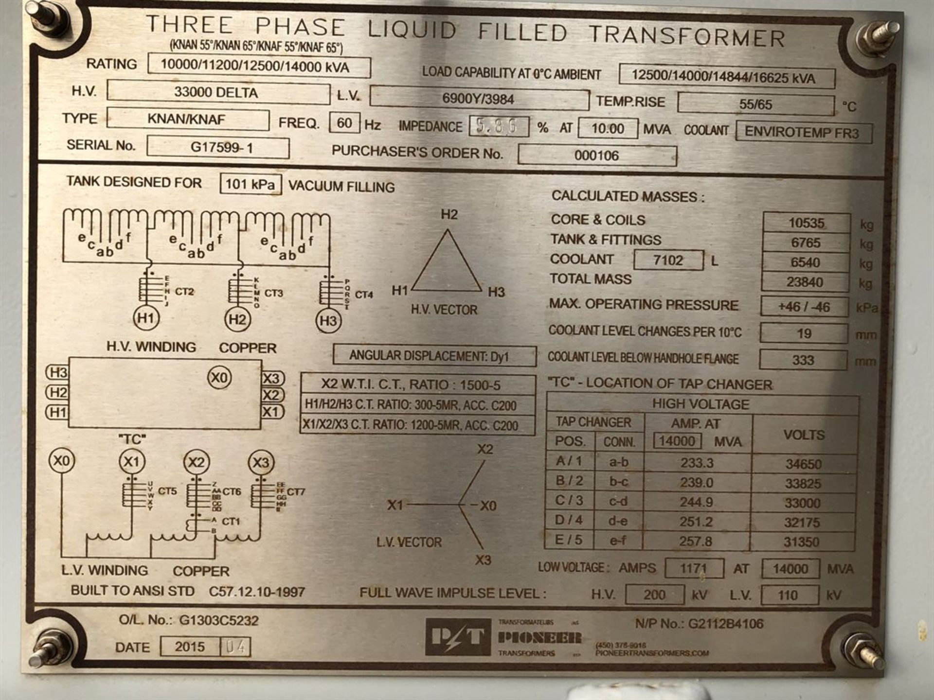 PIONEER KNAN/KNAF Three Phase Liquid Transformer, H.V. 33000 DELTA, L.V. 6900Y/6984 (Location: - Bild 3 aus 3