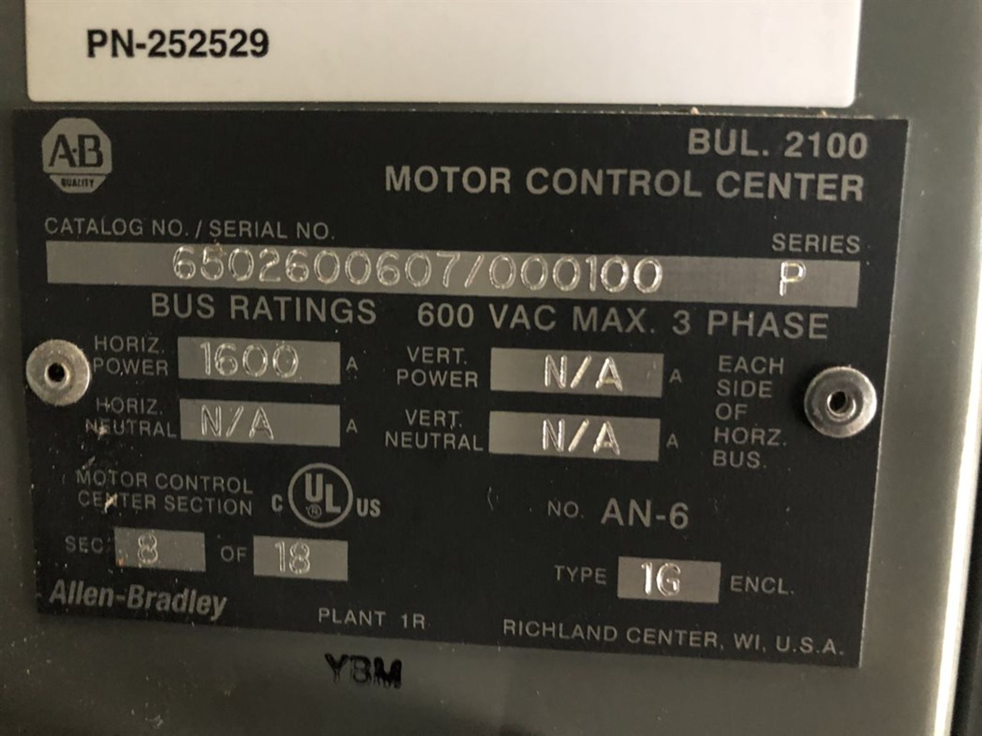 ALLEN BRADLEY 252529 BUL 2100 Motor Control Center, Section 8, s/n 6502600607/000100 (Location: - Bild 2 aus 2