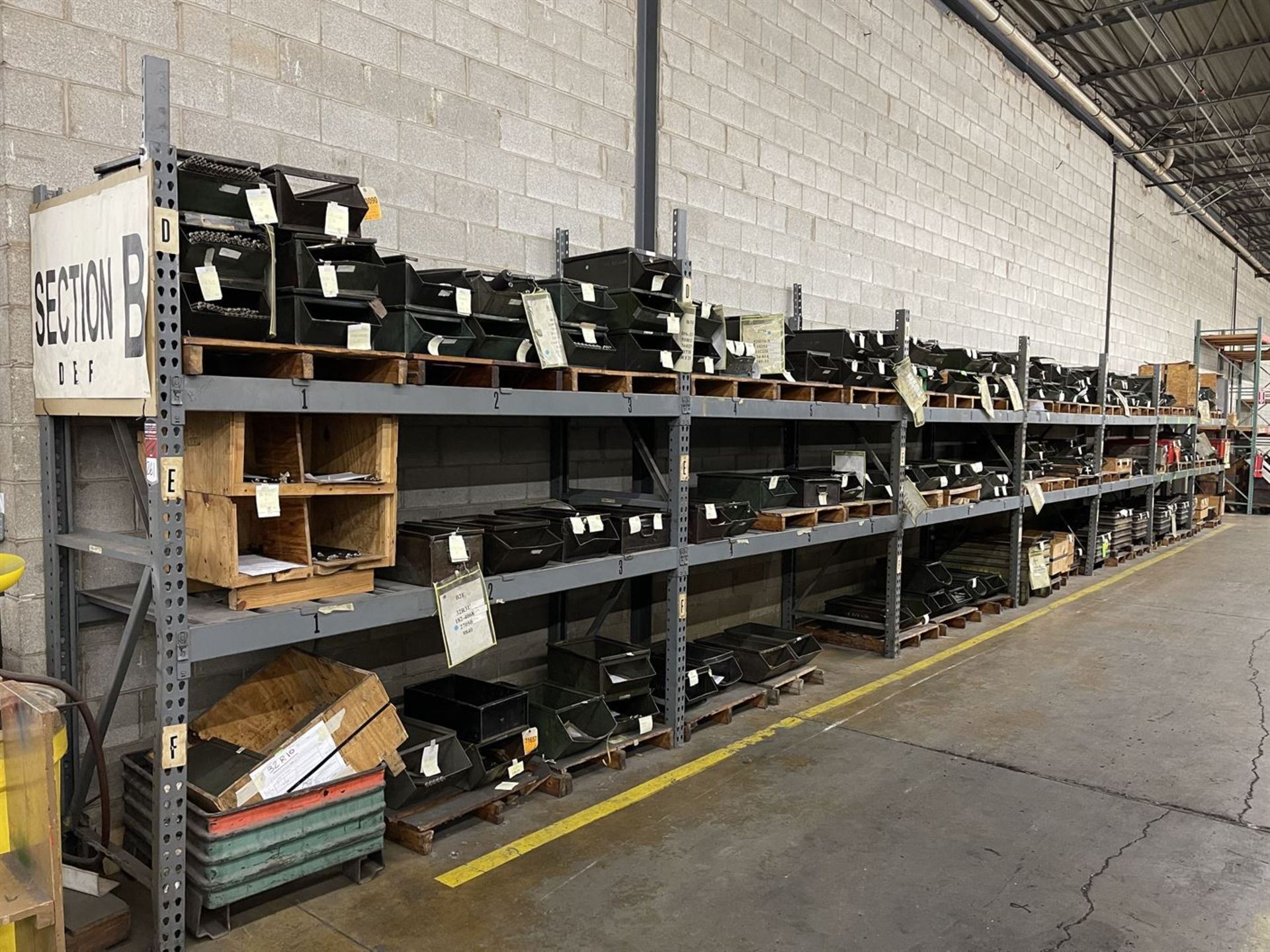 Lot of (7) Sections of Pallet Racking w/Contents Including Large Assortment of Steel Totes and