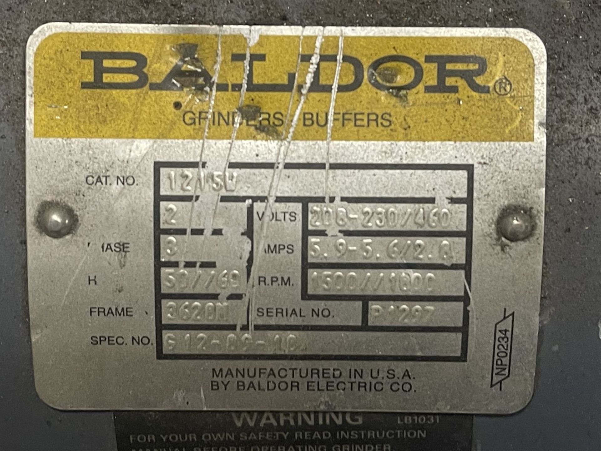 BALDOR 1215W Dual End Grinder, s/n P1297, 2 HP, 1500/1800 RPM, 3 Phase - Image 4 of 4