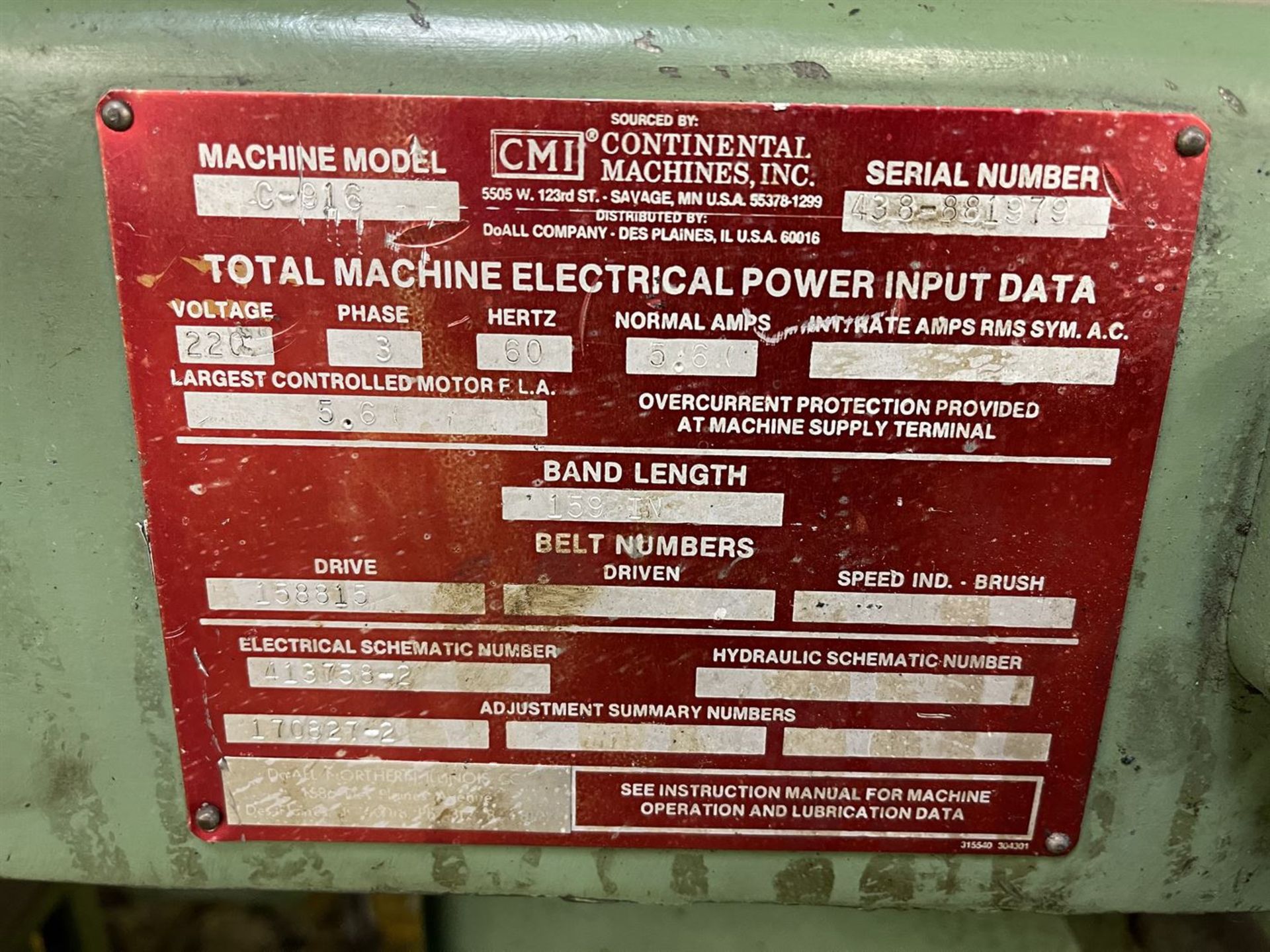 DOALL C-916 Horizontal Bandsaw, s/n 438-881979 - Image 6 of 6