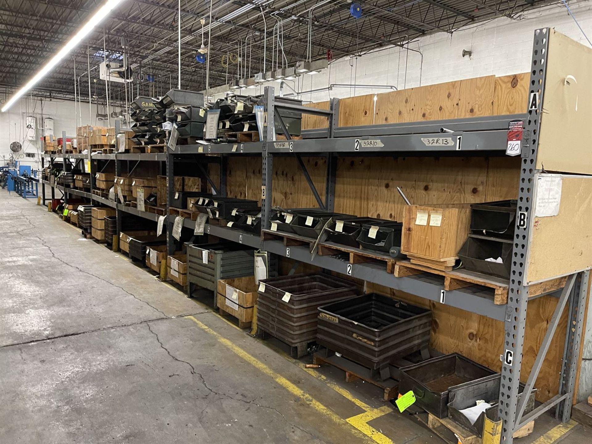 Lot of (7) Sections of Pallet Racking w/Contents Including Large Assortment of Steel Totes and