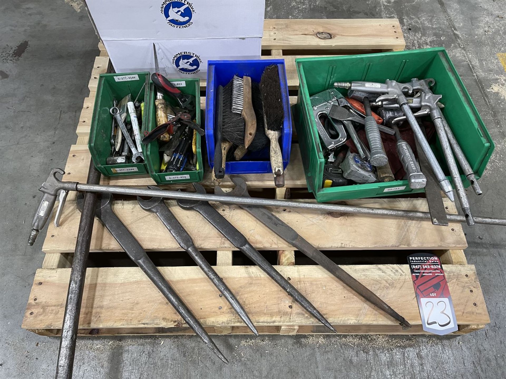 Lot of Assorted Hand Tools Including Wrenches, Pry Bars, Air Guns, Wire Brushes and Rolls of Nails - Image 2 of 2