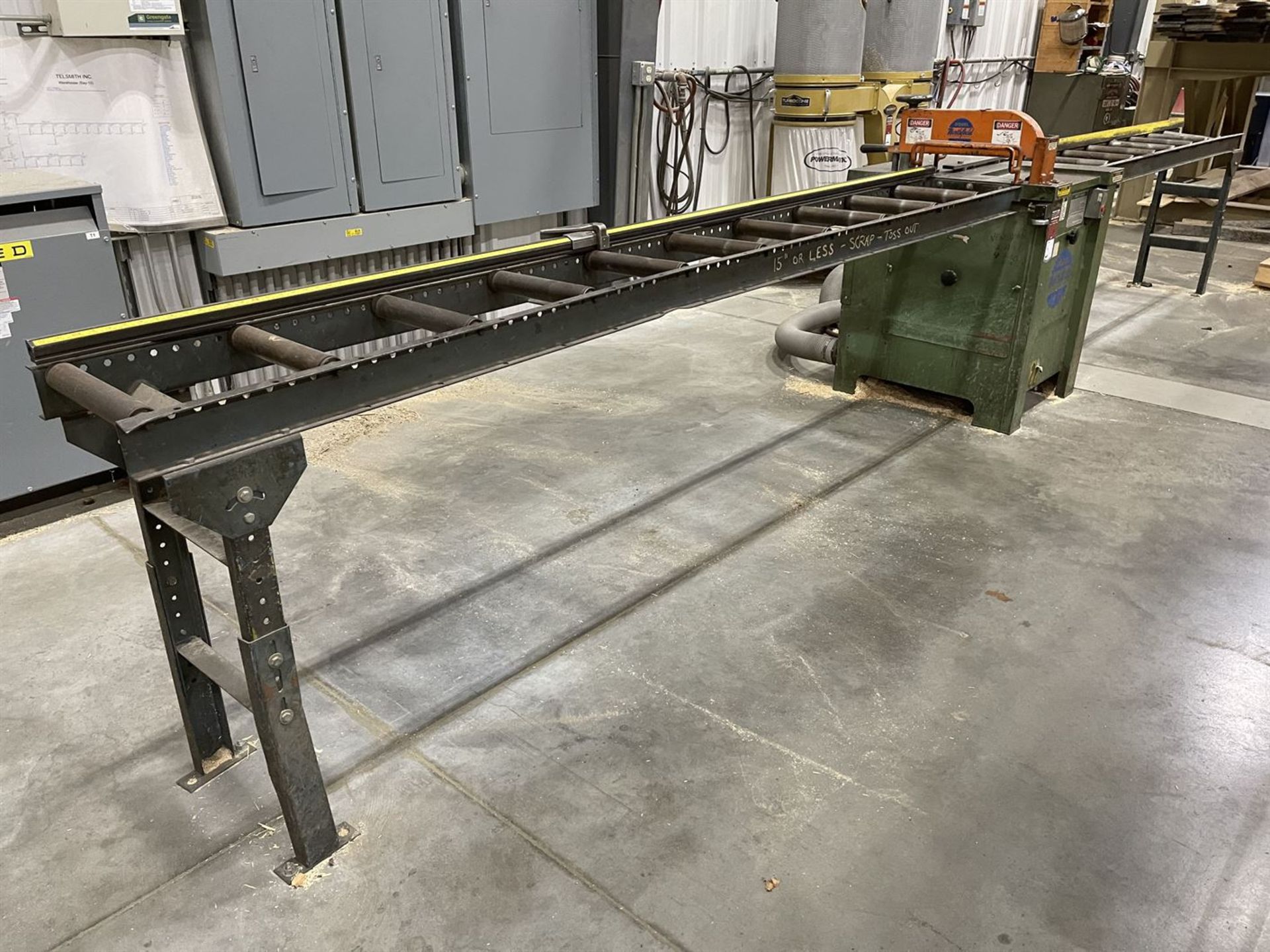 NORTHFIELD 410 Upcut Saw, s/n 970565-E, w/ Roller Conveyor In and Out Feed