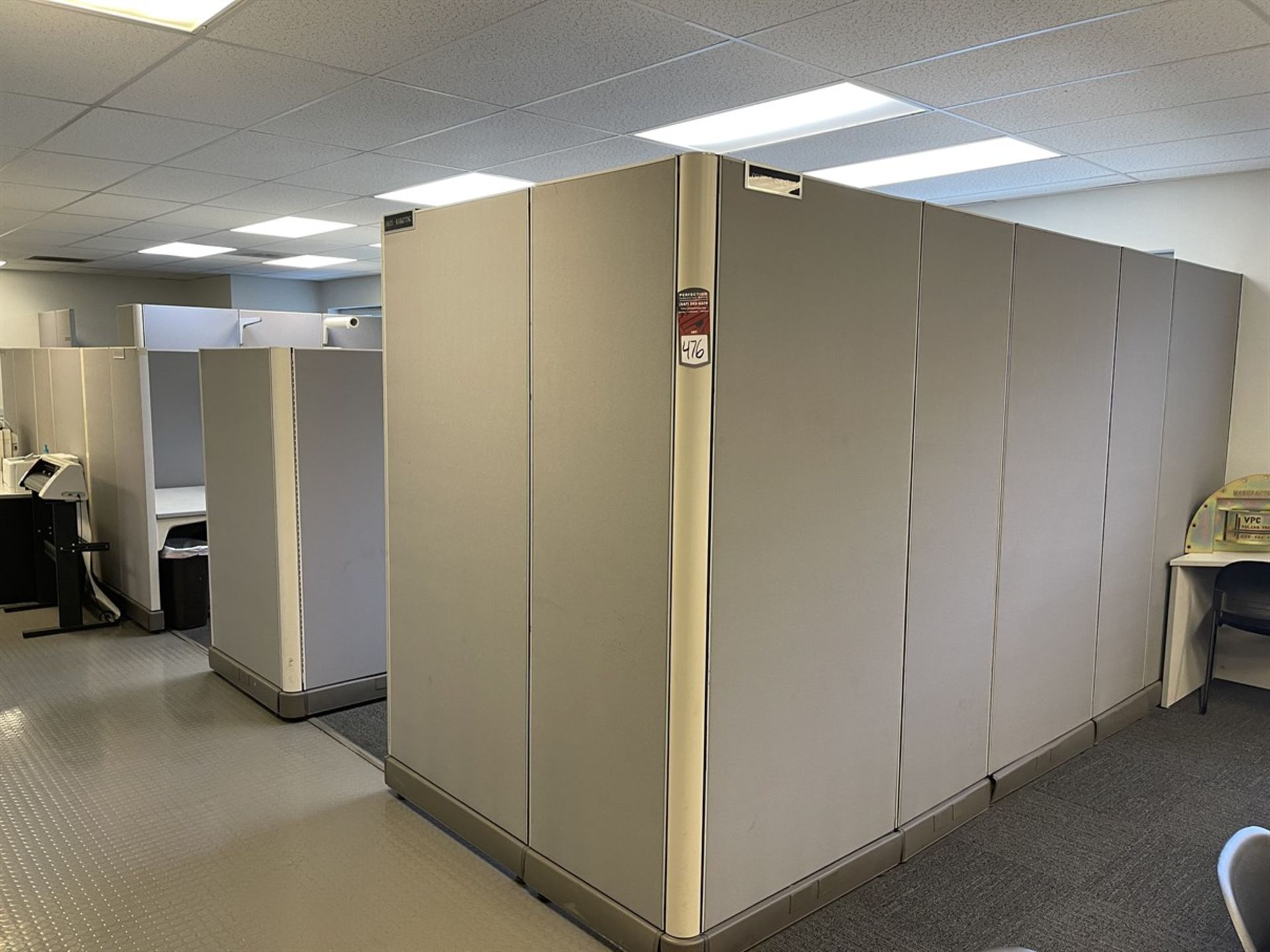 Office Area Comprising Large Cubicle Systems w/ Wall, Desks, and Chairs, (No Electronics or