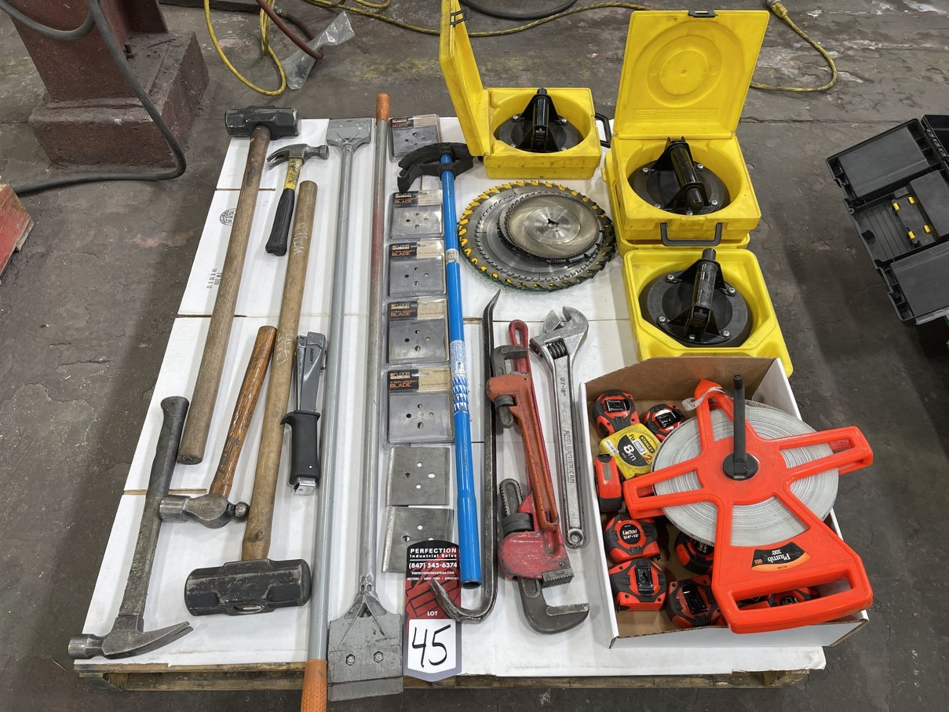 Lot Comprising Hammers, Scrapers, Suction Cups, Tube Bender, Pipe Wrenches and Tape Measures