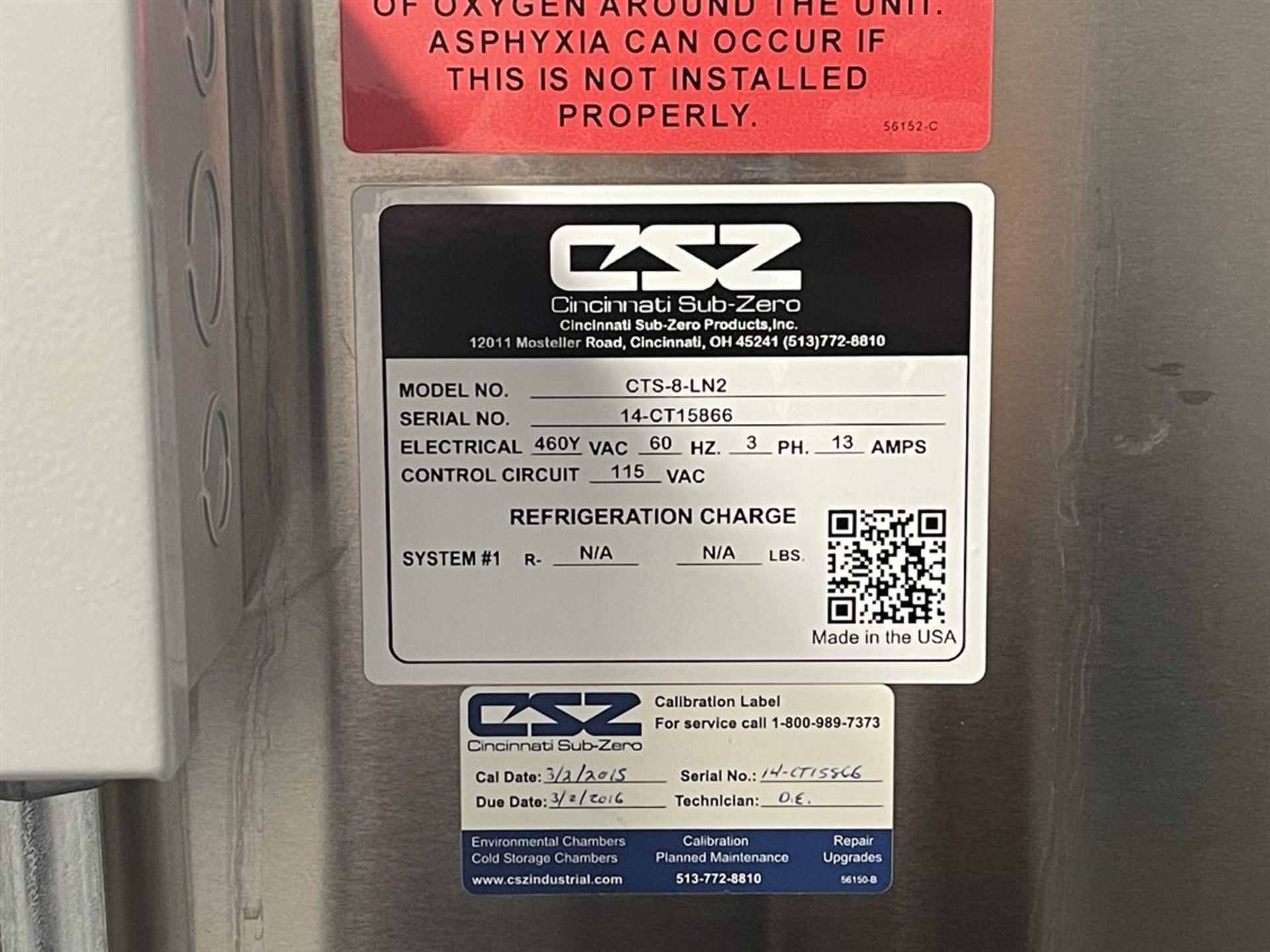 Cincinnati Sub Zero CTS-8-LN2 Environmental Chamber, s/n 14-CT15866, 24" x 24" x 24" Capacity, ( - Image 4 of 4