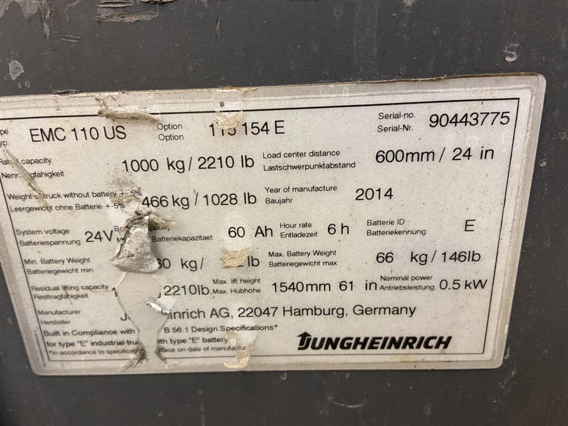 Jungheinrich EMC 110 Walkie Stacker, s/n 90443775 - Image 2 of 3