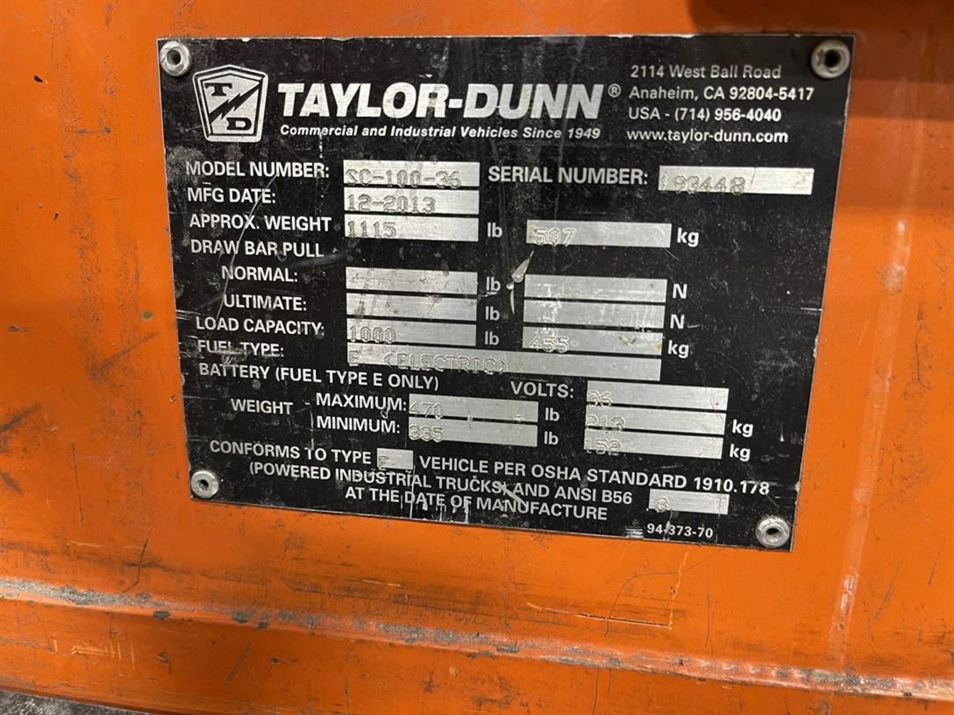 TAYLOR DUNN SC-100-36 Shop Utility Cart, s/193448 - Image 5 of 5