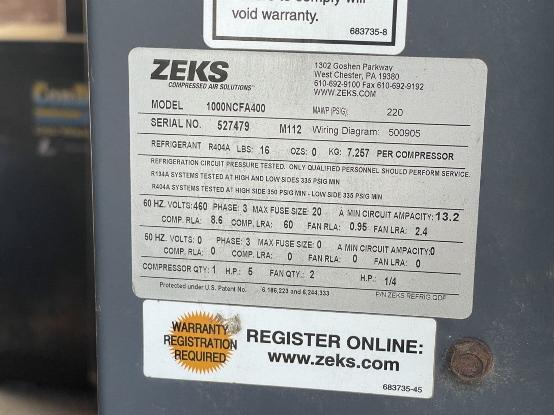 ZEKS 100NCFA400 Refrigerated Air Dryer, s/n 527479, w/ 220 PSIG - Image 4 of 4