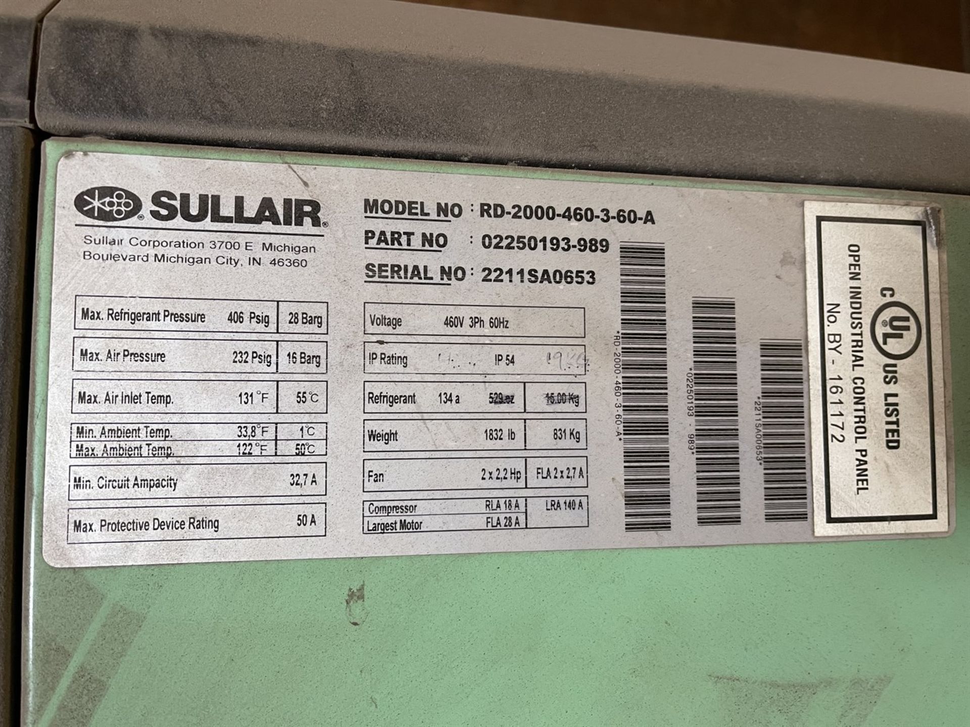 Sullair RD-2000 Refrigerated Air Dryer, s/n 2211SA0653, (Blast/Paint Building) - Image 4 of 4