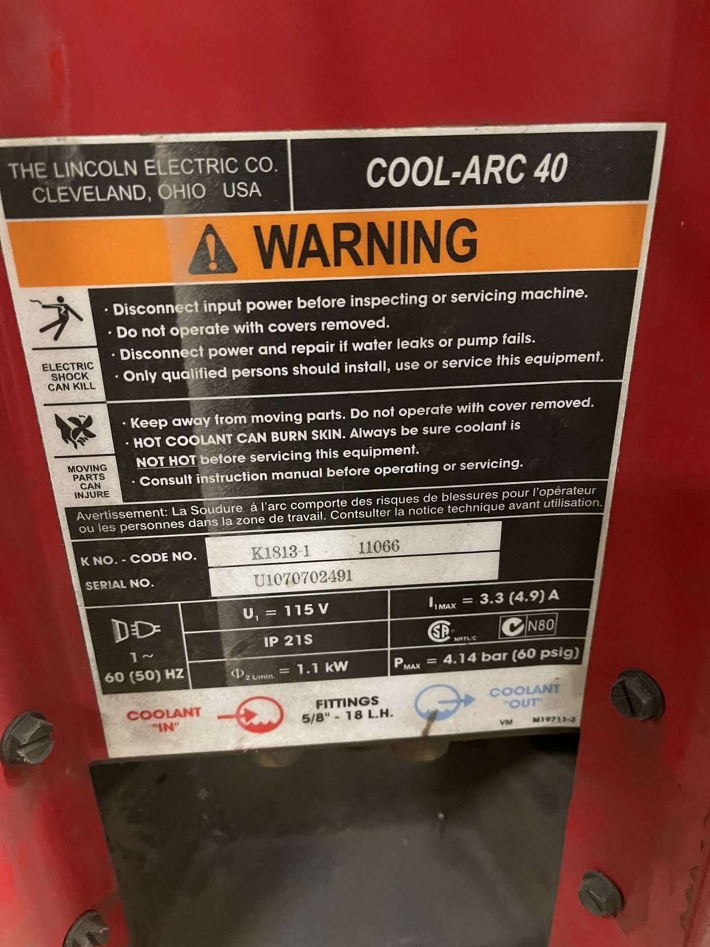 Lincoln Cool-Arc 40 Chiller, s/n U1070702491 - Image 2 of 2