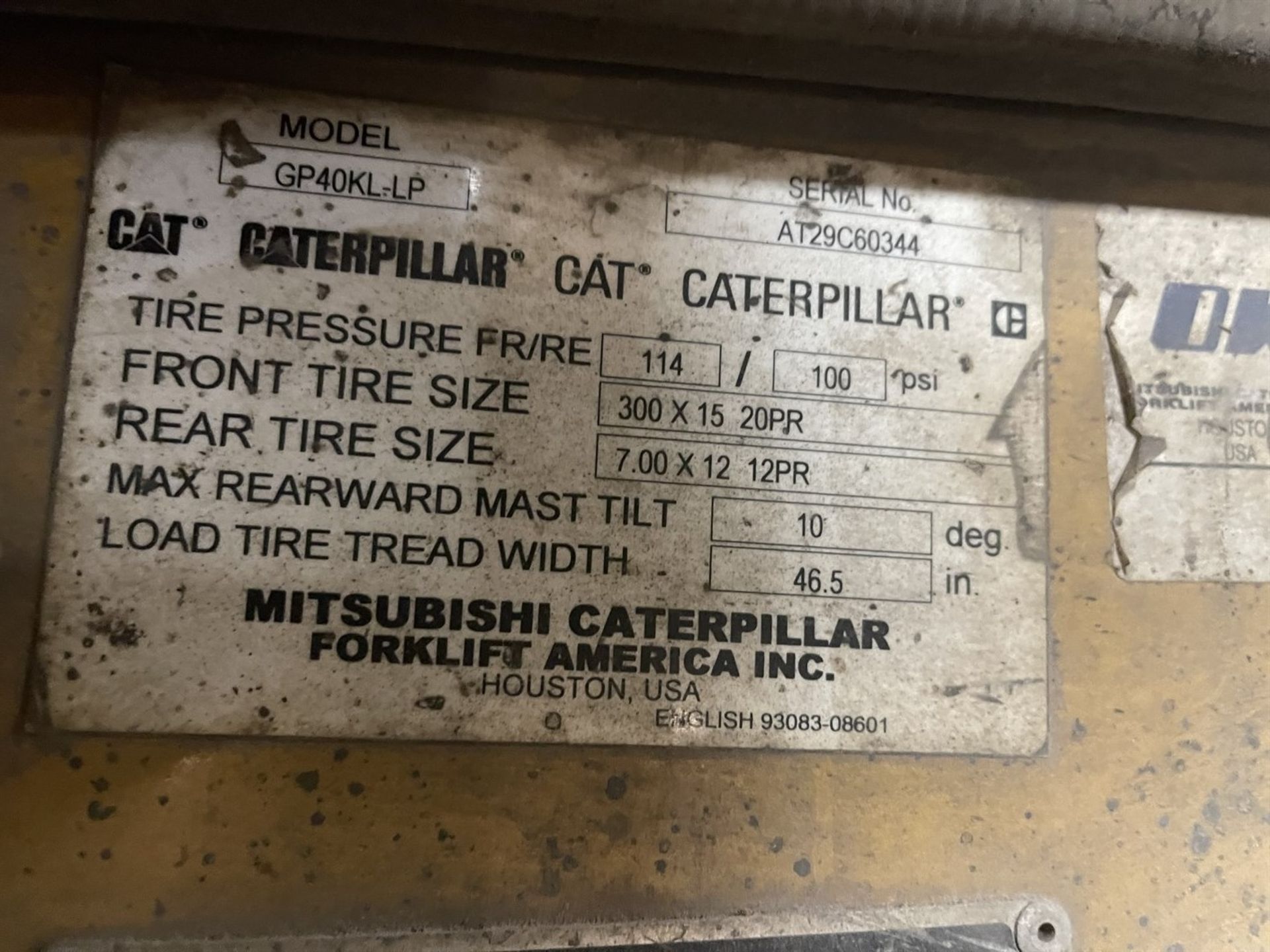 Caterpillar GP40KL LP Forklift, s/n AT29C60344, 8,000 Lb. Capacity, 2-Stage Mast, Side Shift, (Needs - Image 10 of 10
