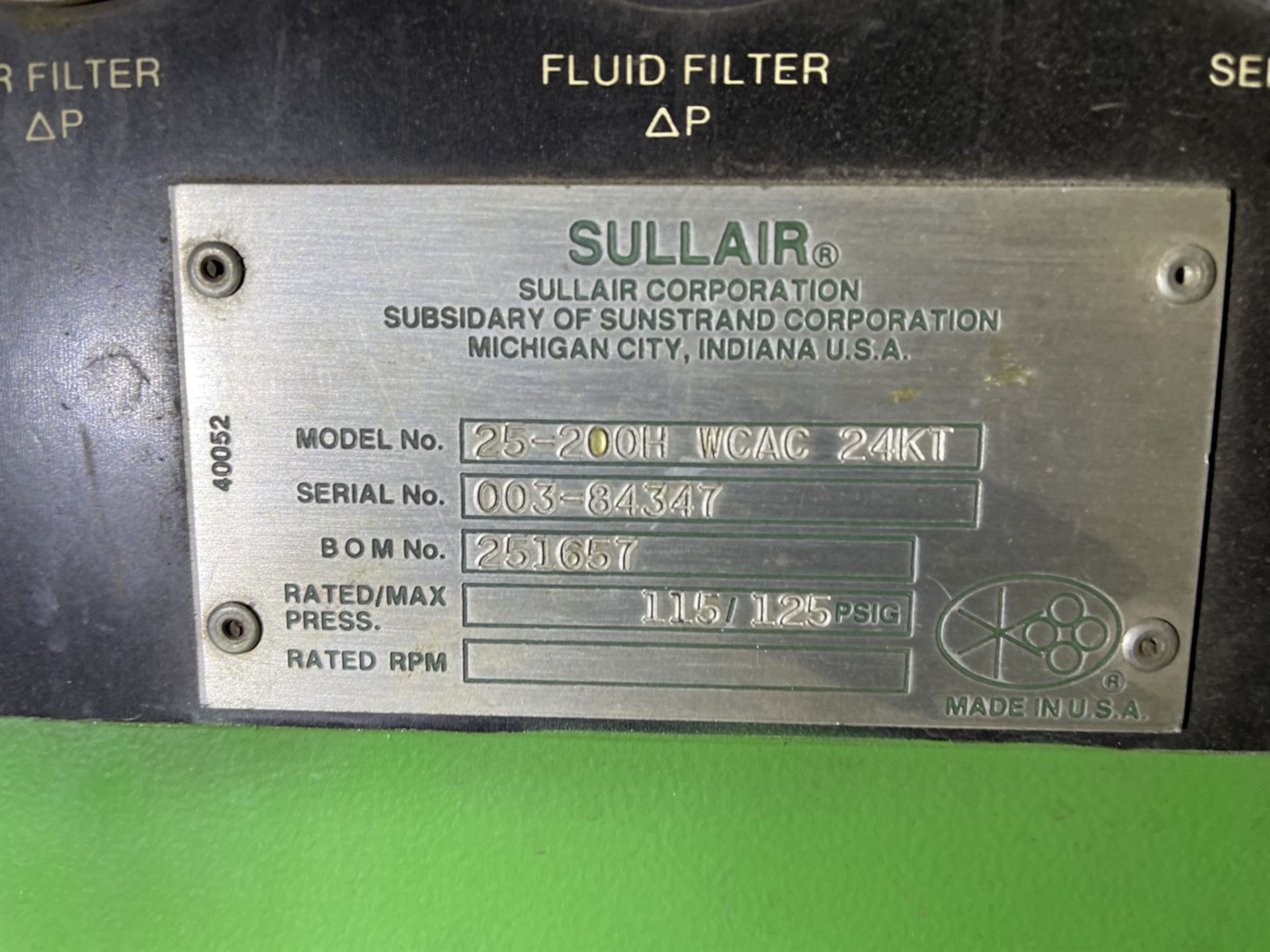 Sullair 25-200H Rotary Screw Air Compressor, s/n 003-84347, 200 HP, 125 PSI, (Blast/Paint Building) - Image 6 of 7