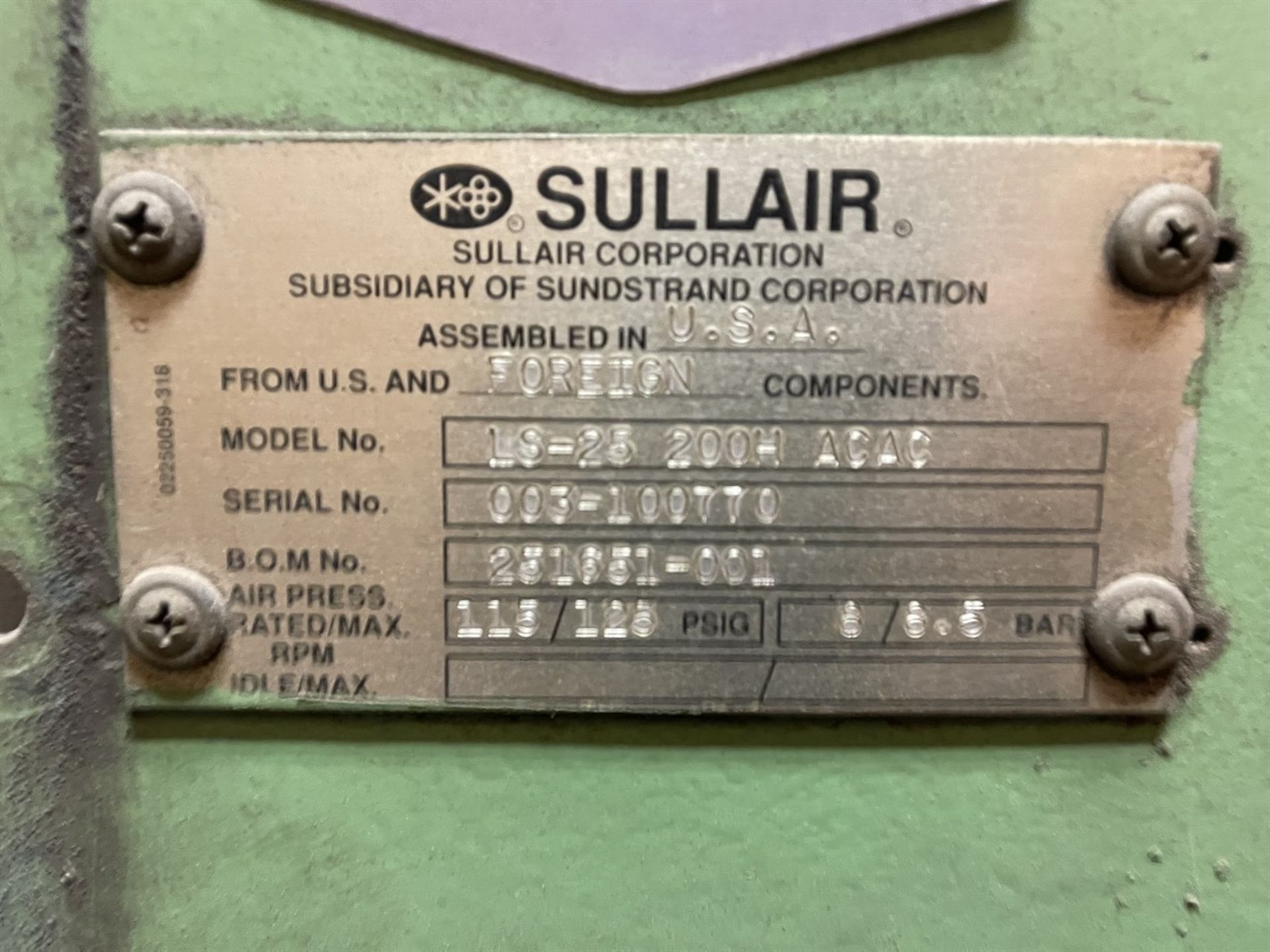 Sullair LS-25 200H ACAC Rotary Screw Air Compressor, s/n 003-100770, 200 HP, (Blast/Paint Building) - Image 6 of 6