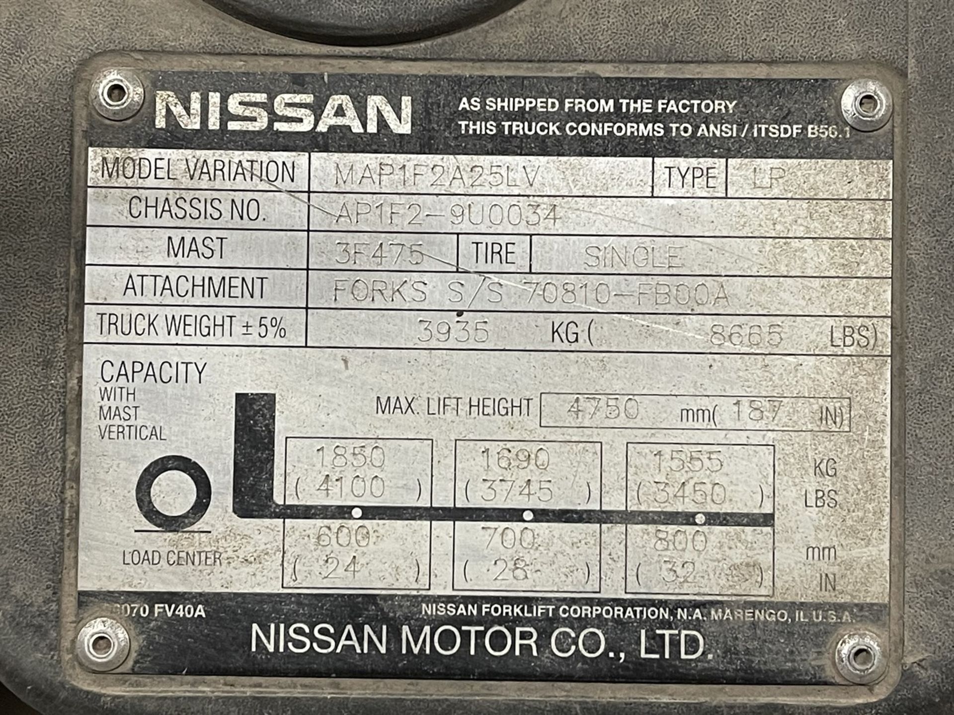 Nissan 50 LP Forklift, s/n AP1F2-9U0034, 5,000 Lb. Capacity, 3-Stage Mast, Side Shift - Image 8 of 9