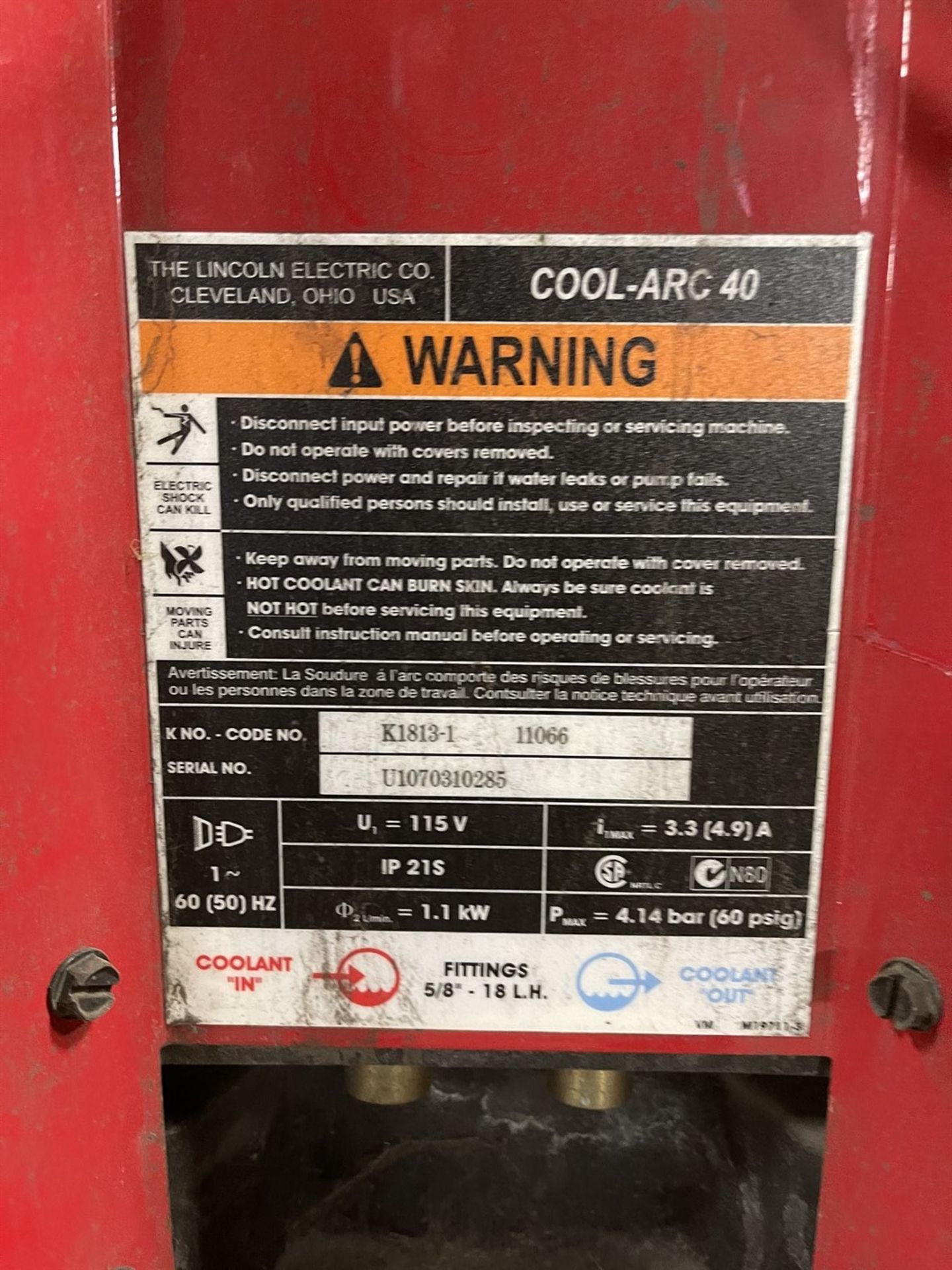 Lincoln Cool-Arc 40 Chiller, s/n U1070310285 - Image 2 of 2