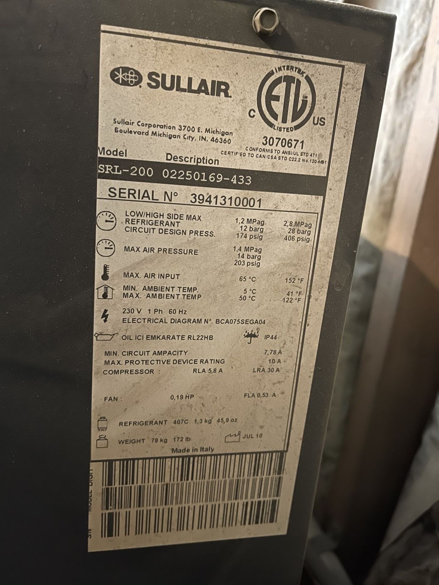 Sullair SRL-200 Refrigerated Air Dryer, s/n 3941310001, (Warehouse) - Image 2 of 2